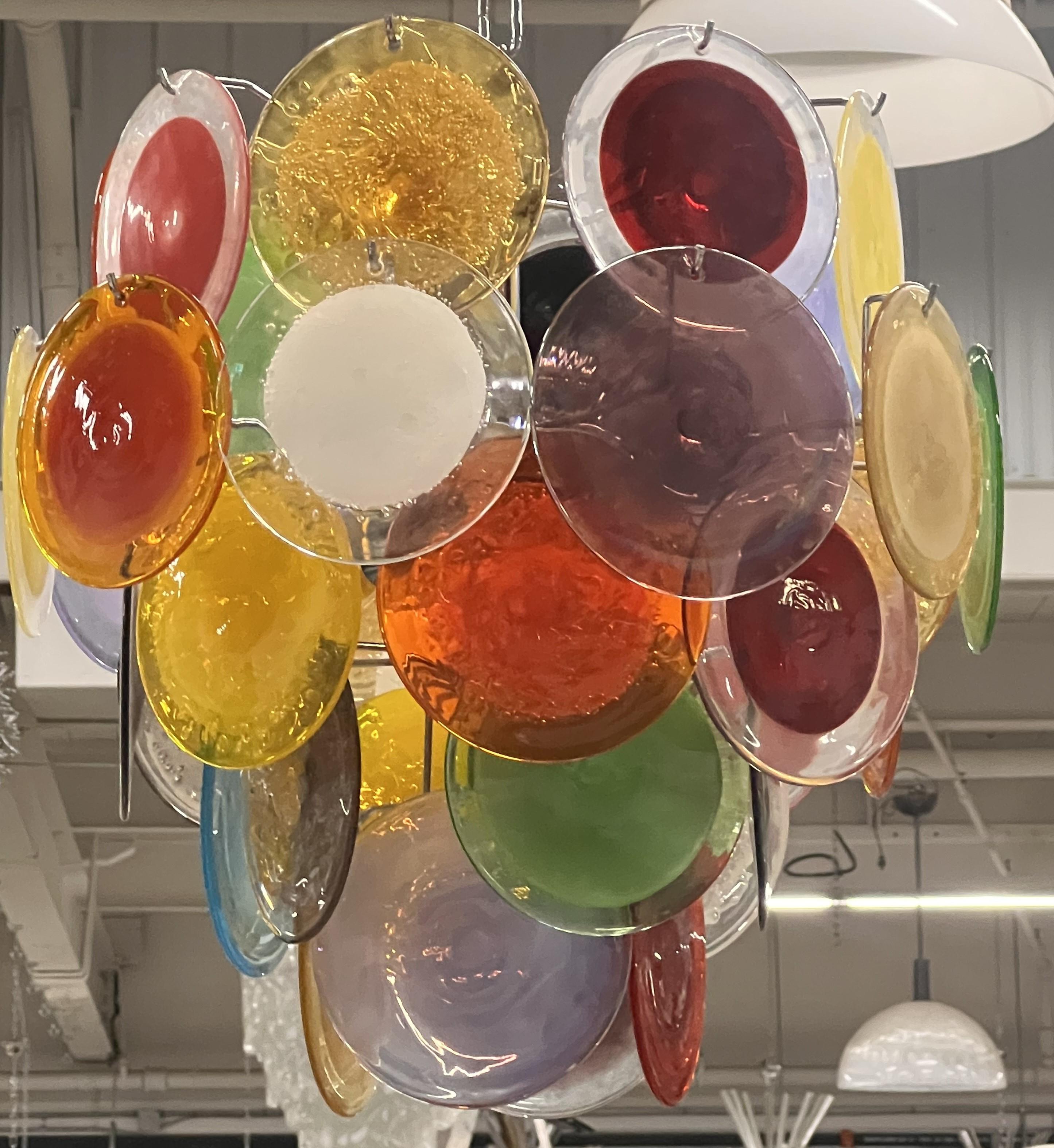 Vistosi Murano Disc Chandelier 
36 vintage mixed color 6-inch discs, new structure, 4 light sockets. 
Total Length including chain is 46