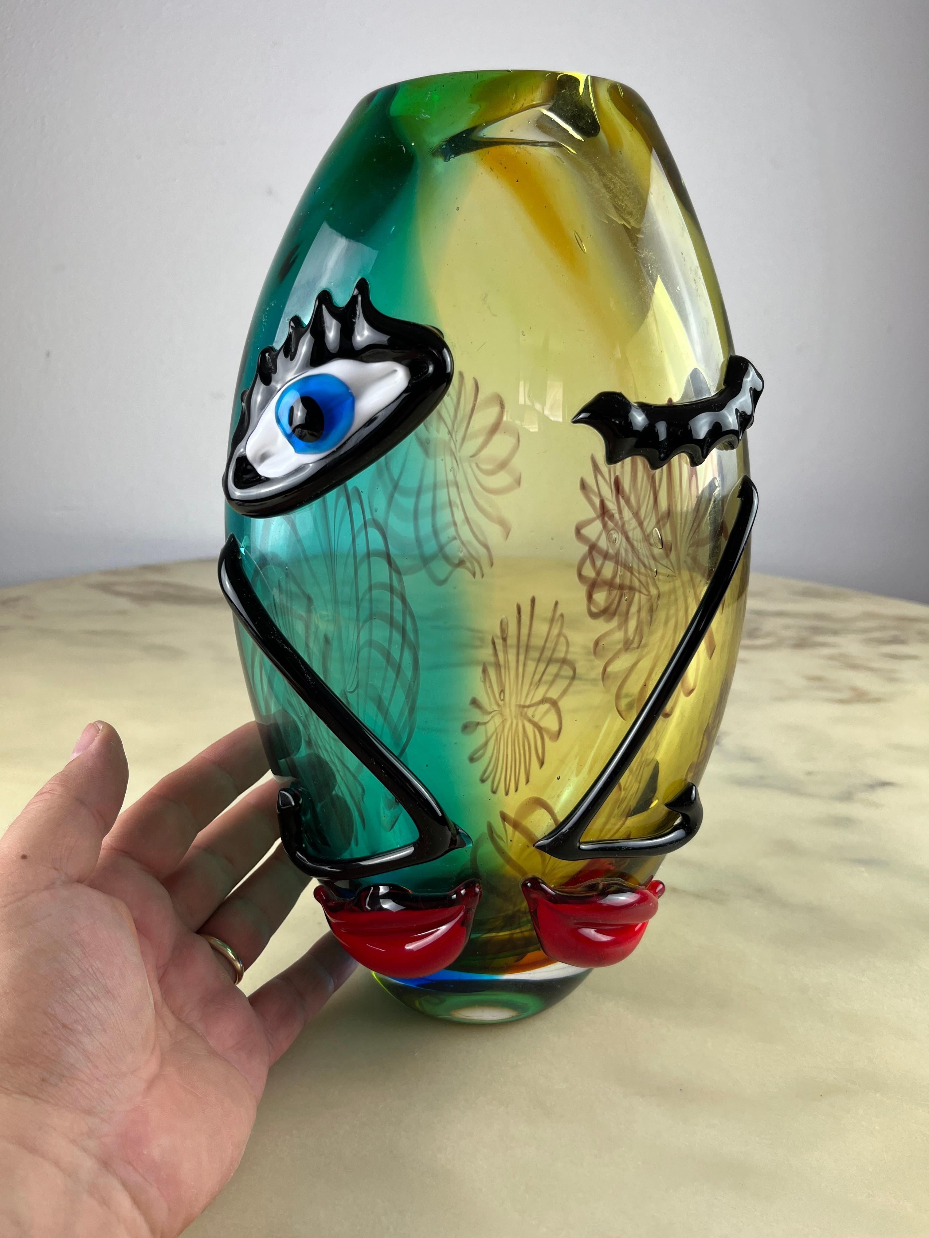 Italian Mid-Century Multicolor Murano Glass Vase Attributed To Alfredo Barbini 1980s For Sale