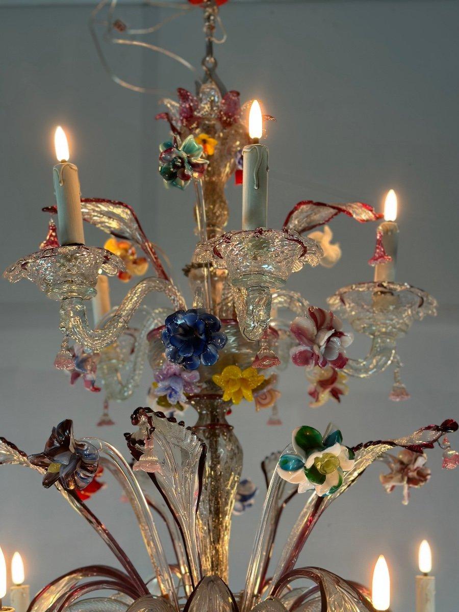 Métal Lustre vénitien en verre de Murano multicolore à 12 bras de lumière sur deux niveaux