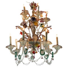 Lustre vénitien en verre de Murano multicolore à 12 bras de lumière sur deux niveaux