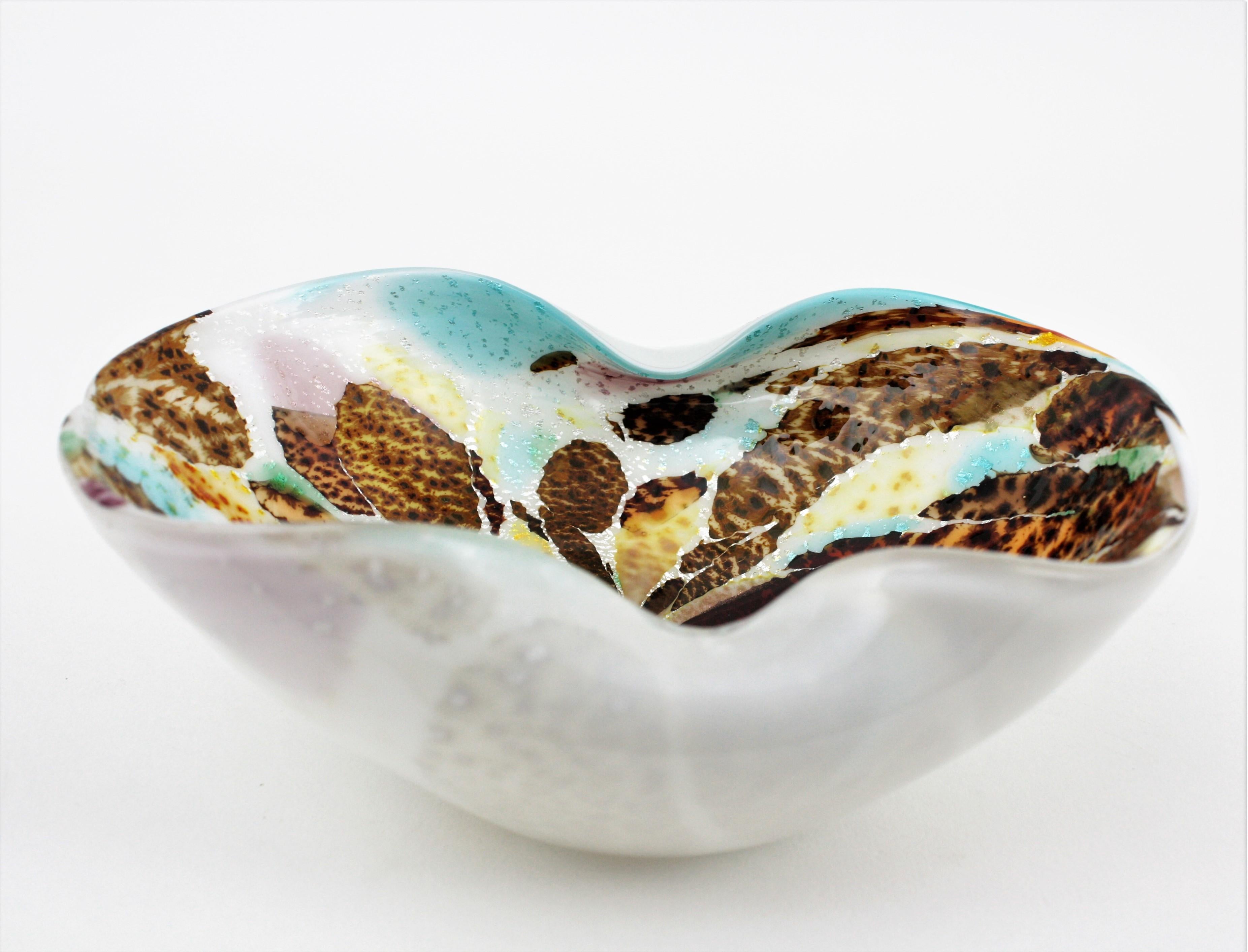Mid-Century Modern Multicolor Murrine Murano Italian Art Glass Folded Rim Bowl or Ashtray For Sale