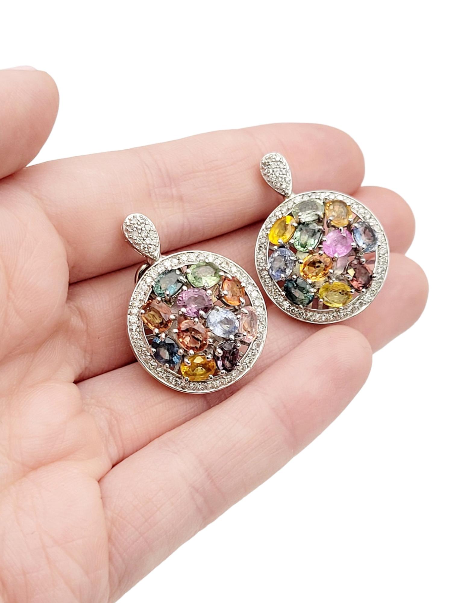 Multicolor Natural Sapphire and Diamond Halo Cluster Clip on Earrings White Gold For Sale 5
