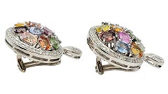 Multicolor Natural Sapphire and Diamond Halo Cluster Clip on Earrings White Gold