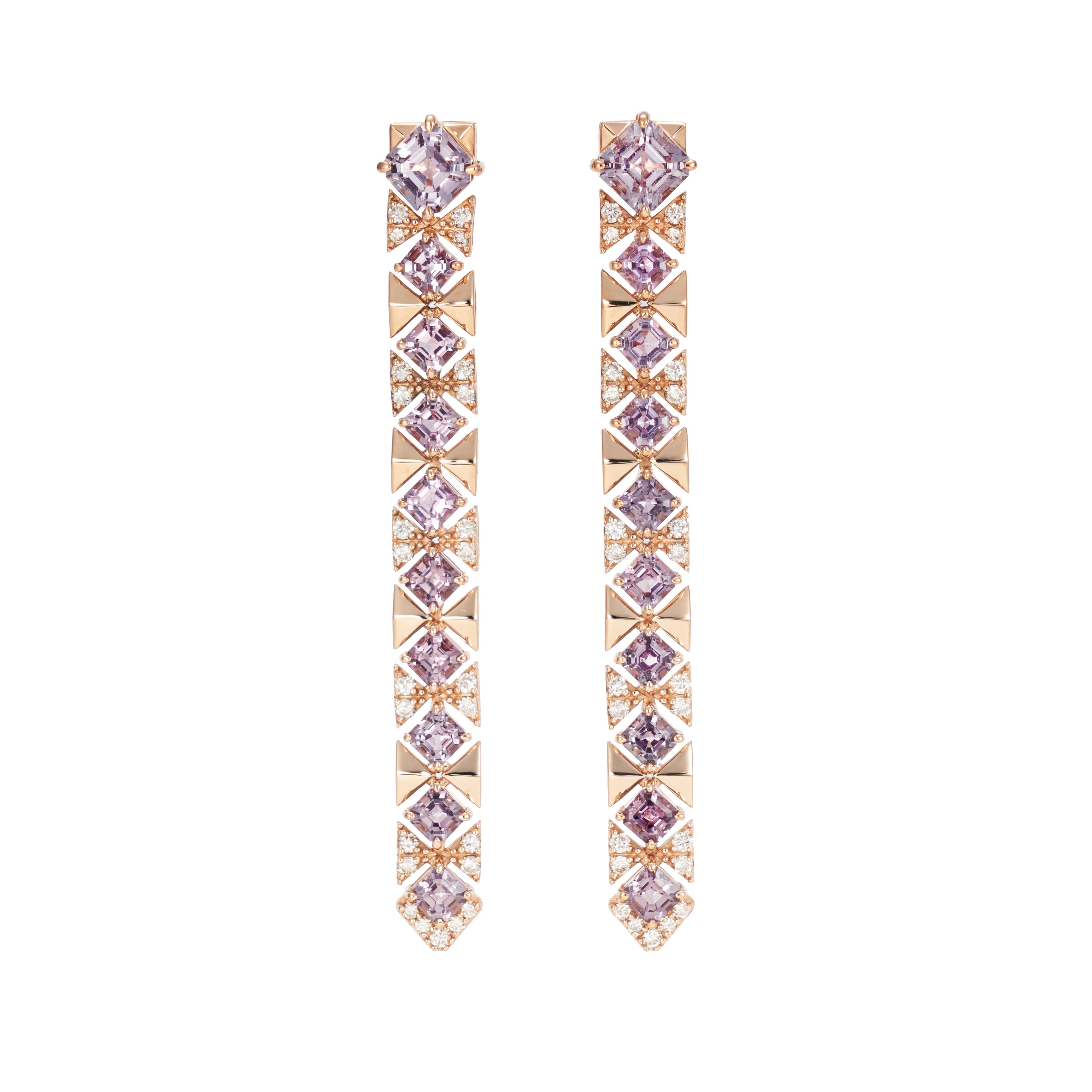 Light and easy to wear these earrings showcase multicolor fancy cut spinels accented with  diamonds. These earrings are dainty yet have a great pop of color from the vibrant gems.

Multicolor Ombre Spinel Earrings with Diamond in 18 Karat Rose