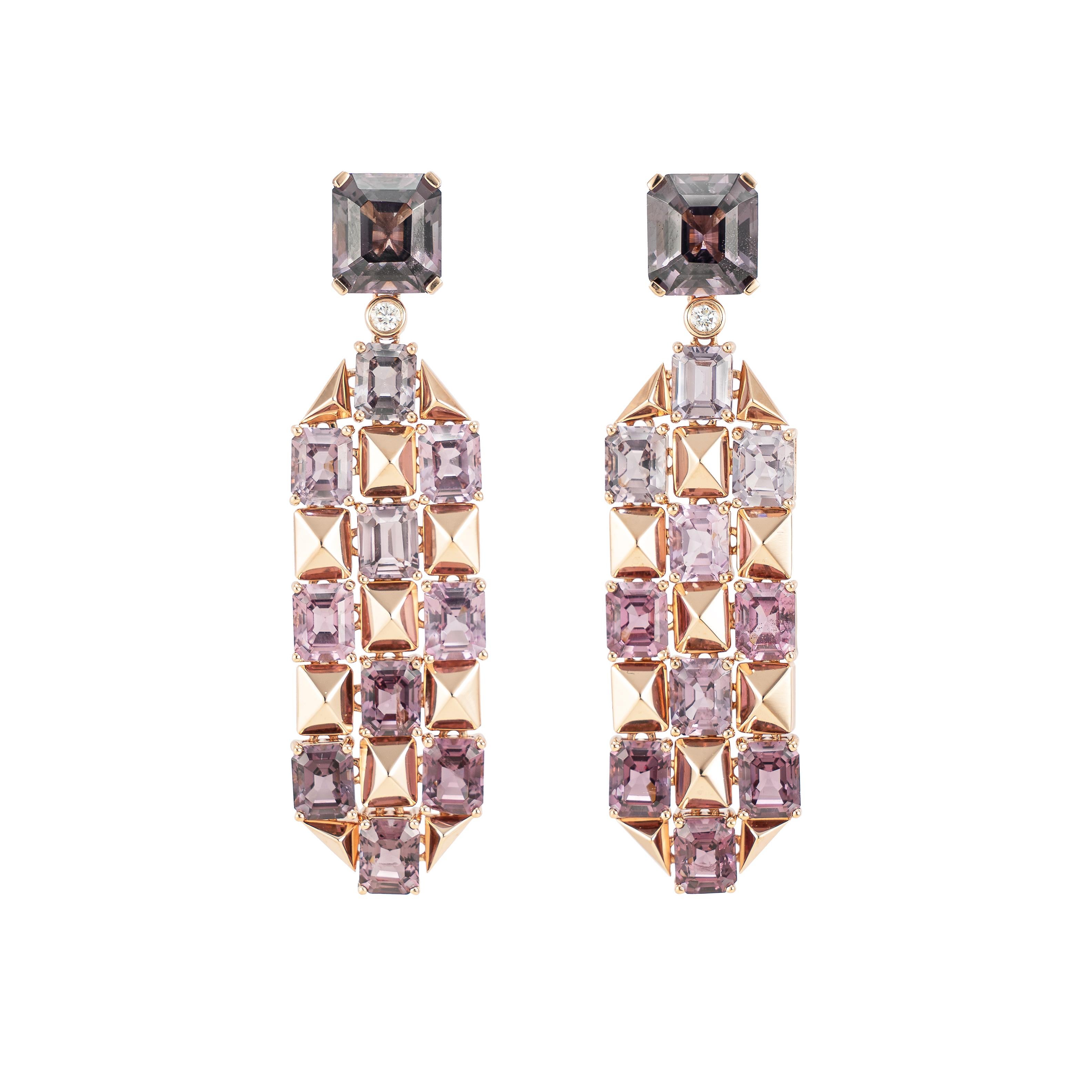 Light and easy to wear these earrings showcase multicolor fancy cut spinels accented with  diamonds. These earrings are dainty yet have a great pop of color from the vibrant gems.

Multicolor Ombre Spinel Earrings with Diamond in 18 Karat Rose