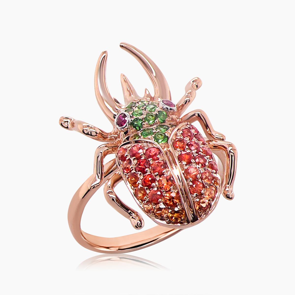 Mixed Cut Multicolor Orange Sapphire & Green Gem Pave Beetle Bug 18K Rose Gold Animal Ring For Sale