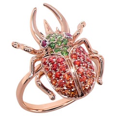 Multicolor Orange Sapphire & Green Gem Pave Beetle Bug 18K Rose Gold Animal Ring