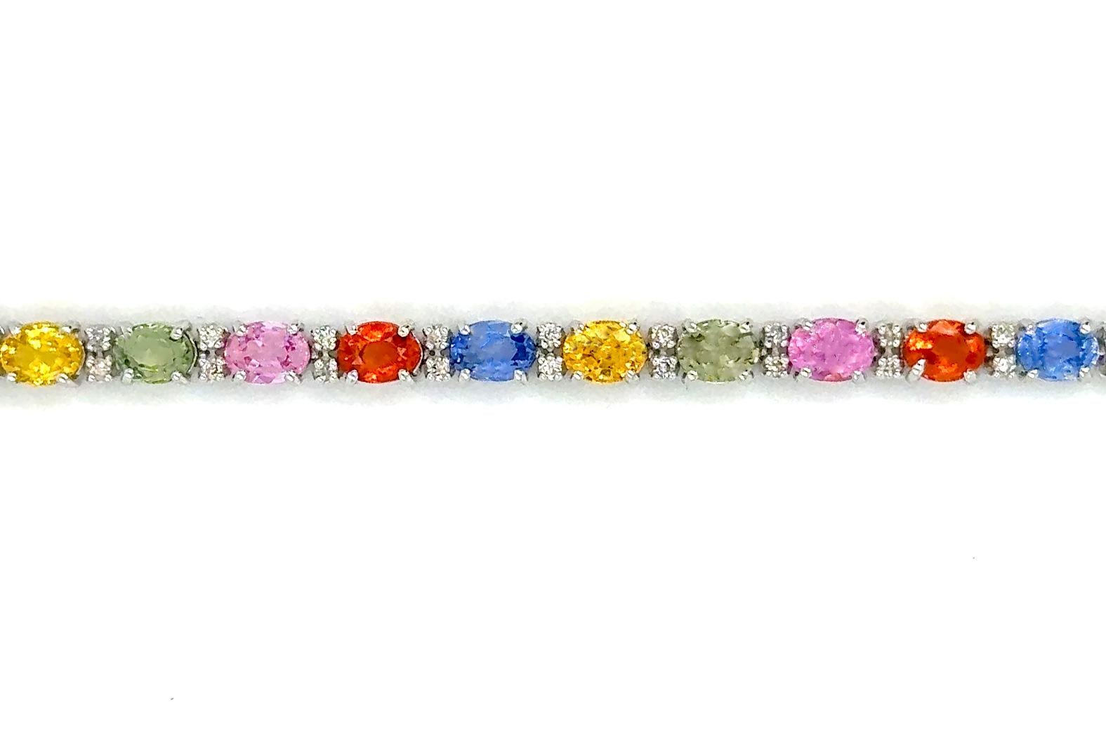 Contemporain Bracelet de saphirs multicolores de taille ovale Liens en diamant 9 carats Or blanc 18K en vente