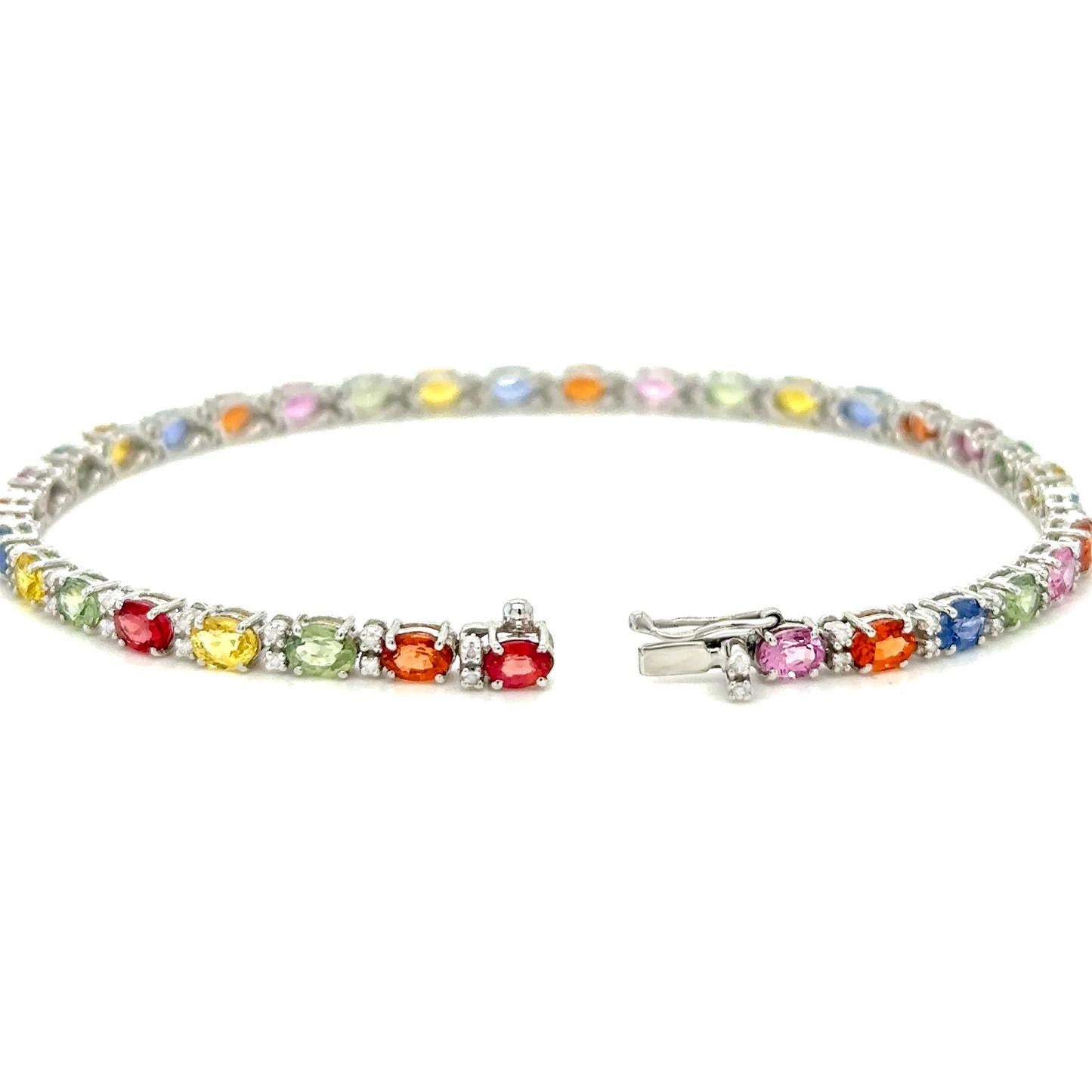 Taille ovale Bracelet de saphirs multicolores de taille ovale Liens en diamant 9 carats Or blanc 18K en vente