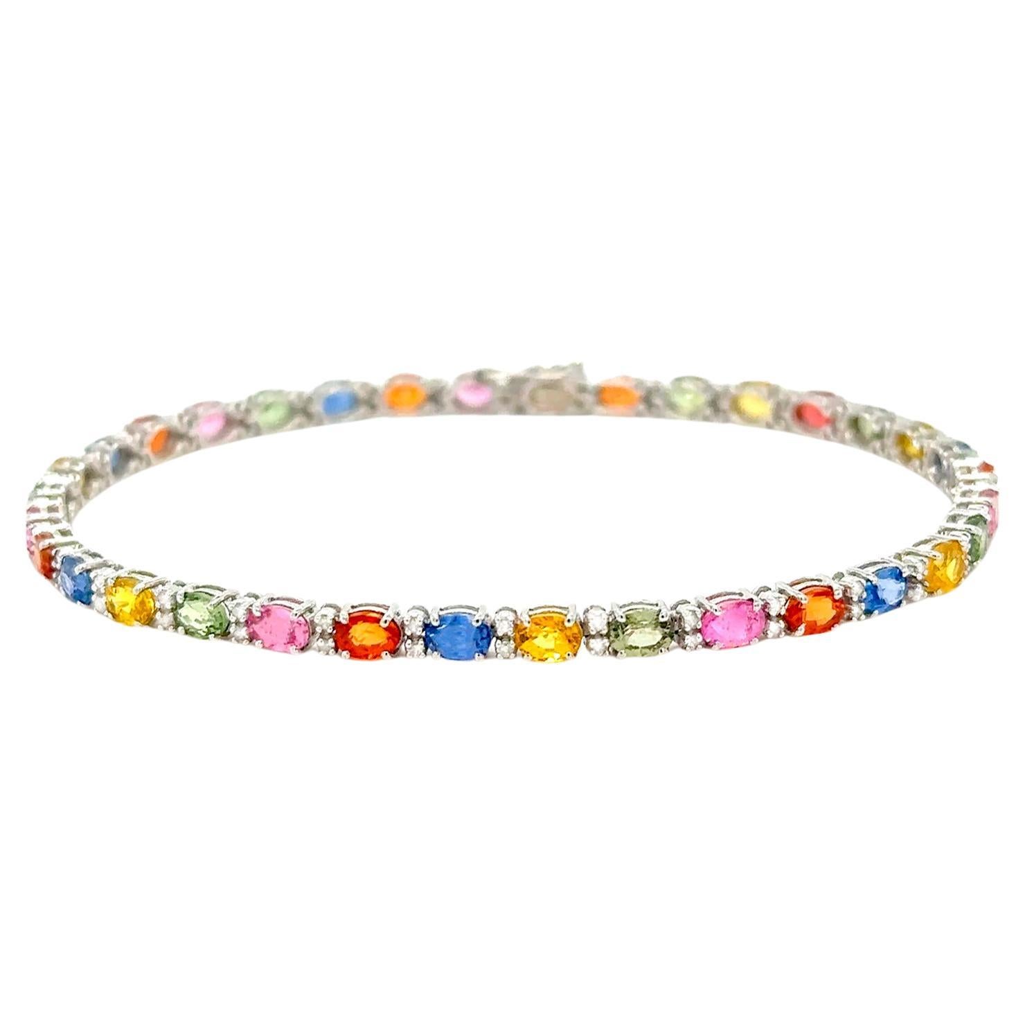 Multicolor Oval Cut Sapphires Bracelet Diamond Links 9 Carats 18K White Gold For Sale