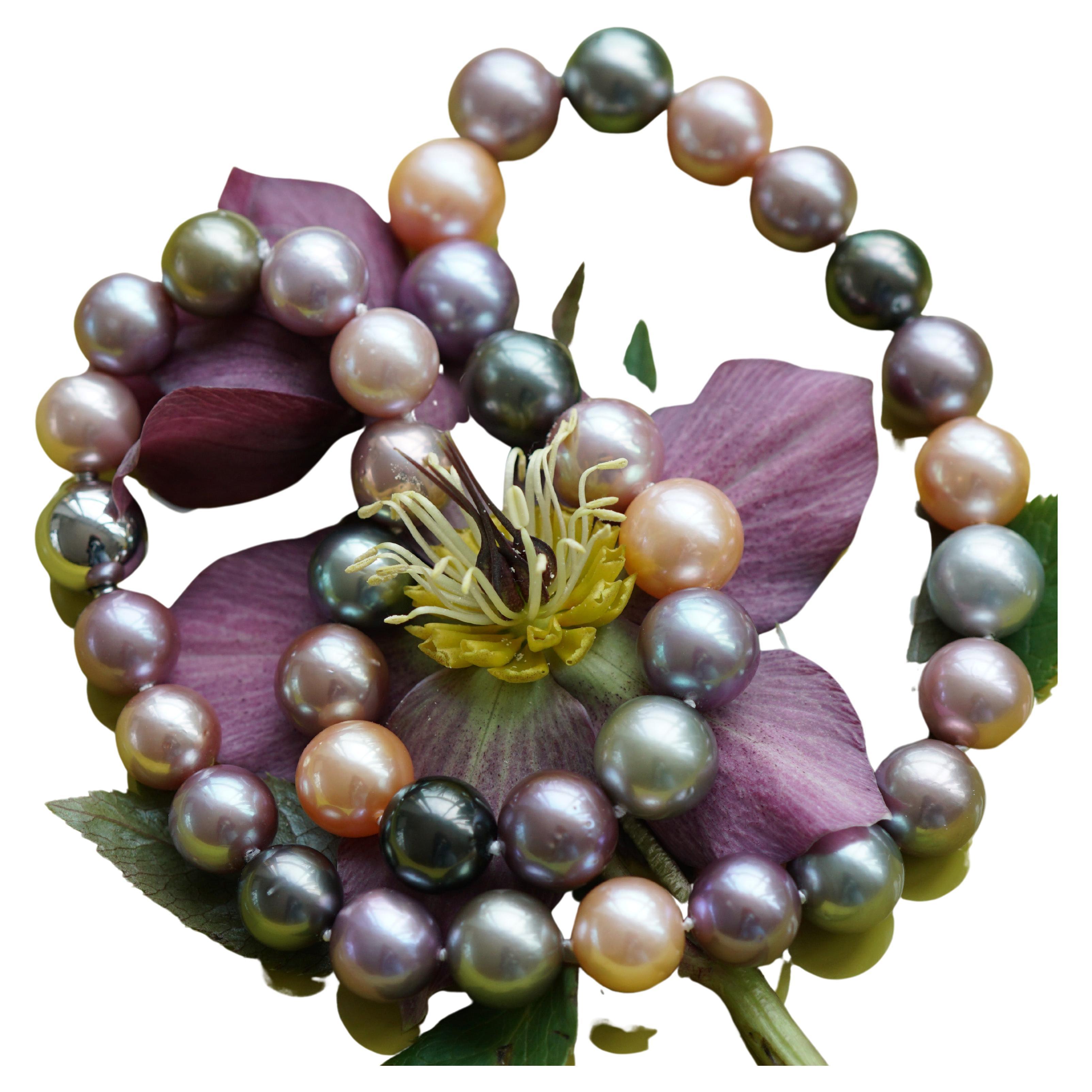 Multicolor Palette of Tahitian Cultured Pearls and Colored Ming Pearls Necklace For Sale