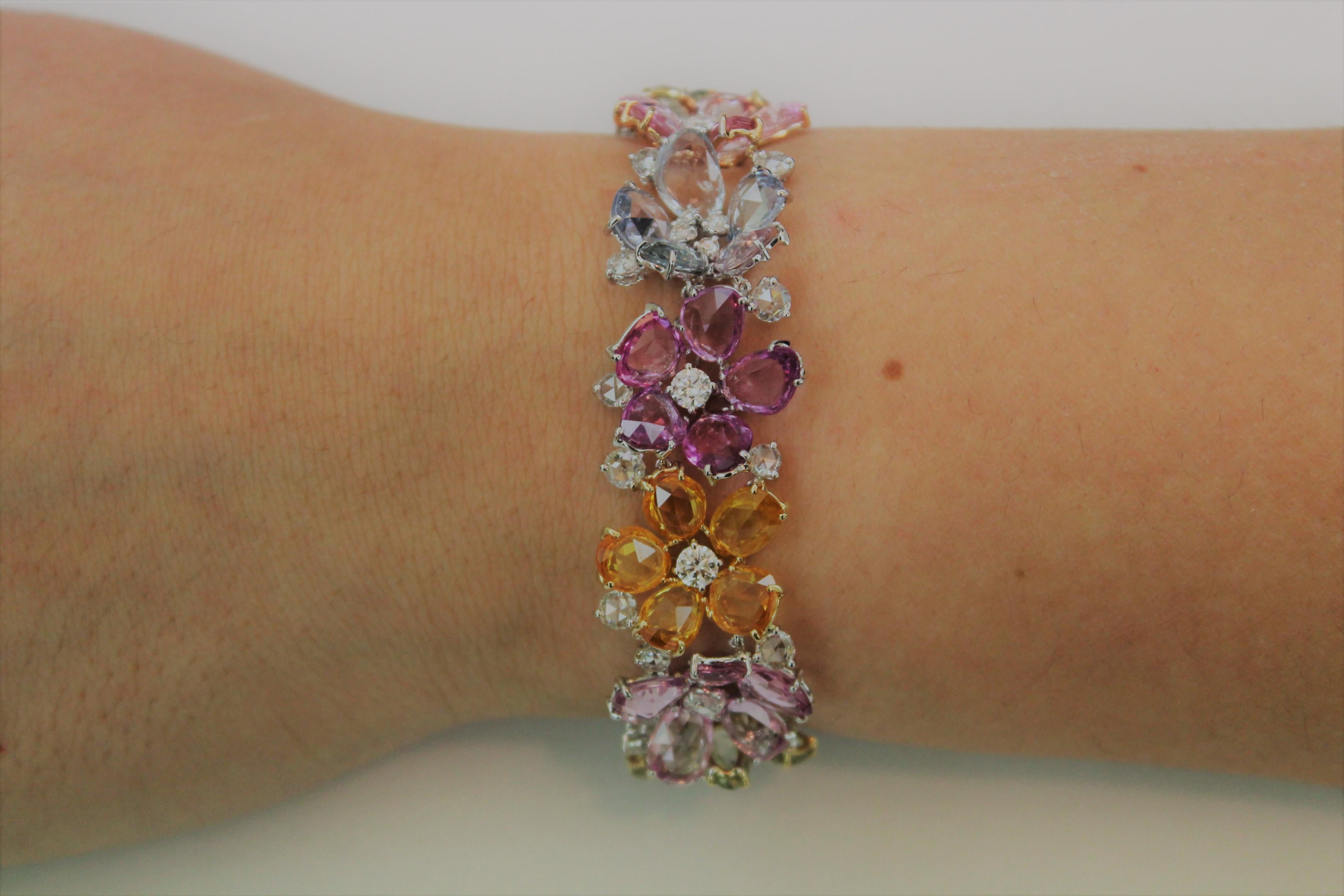 Multi-Color Pastel Rosecut Sapphire and White Diamonds Cuff Bracelet For Sale 4