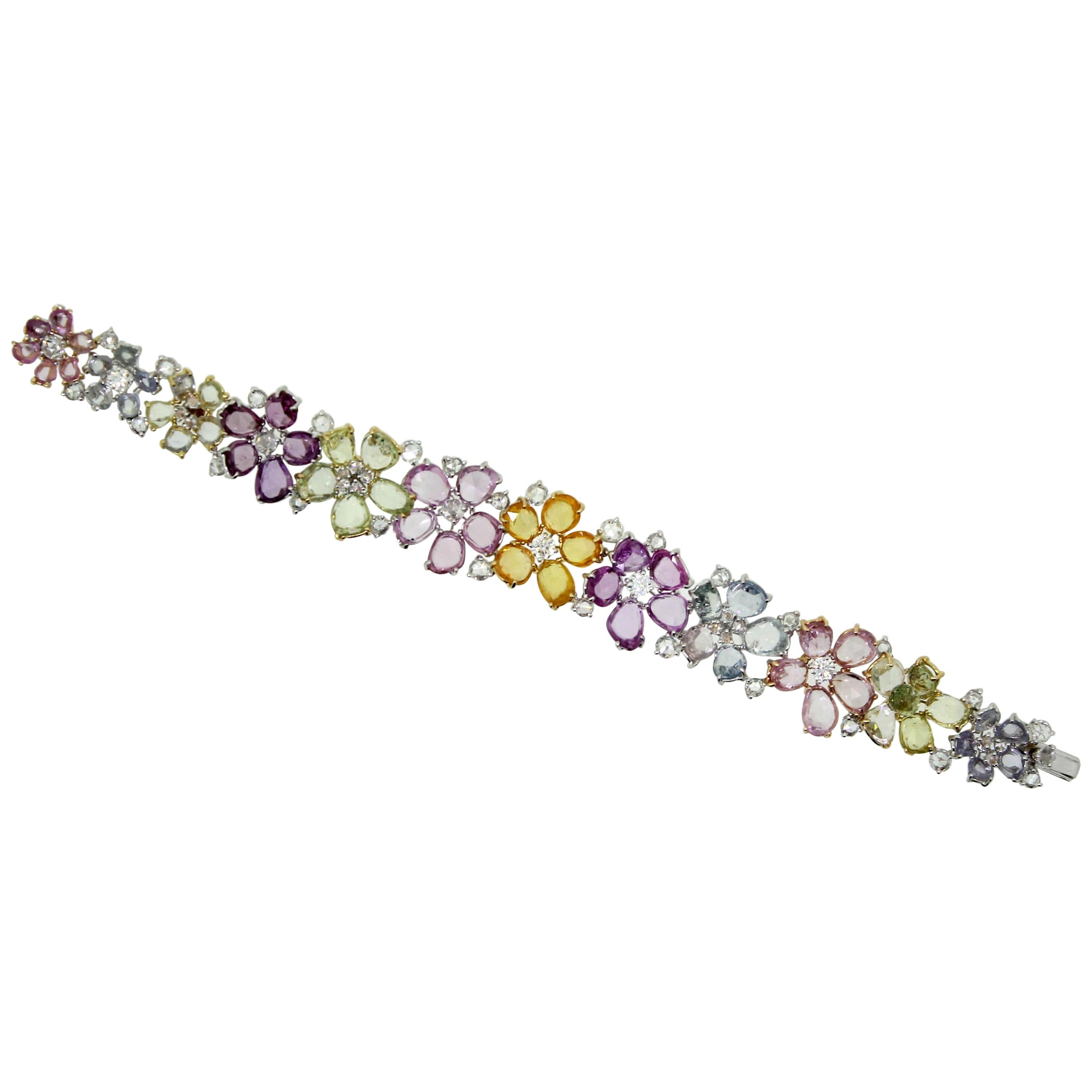 Multi-Color Pastel Rosecut Sapphire and White Diamonds Cuff Bracelet For Sale 1