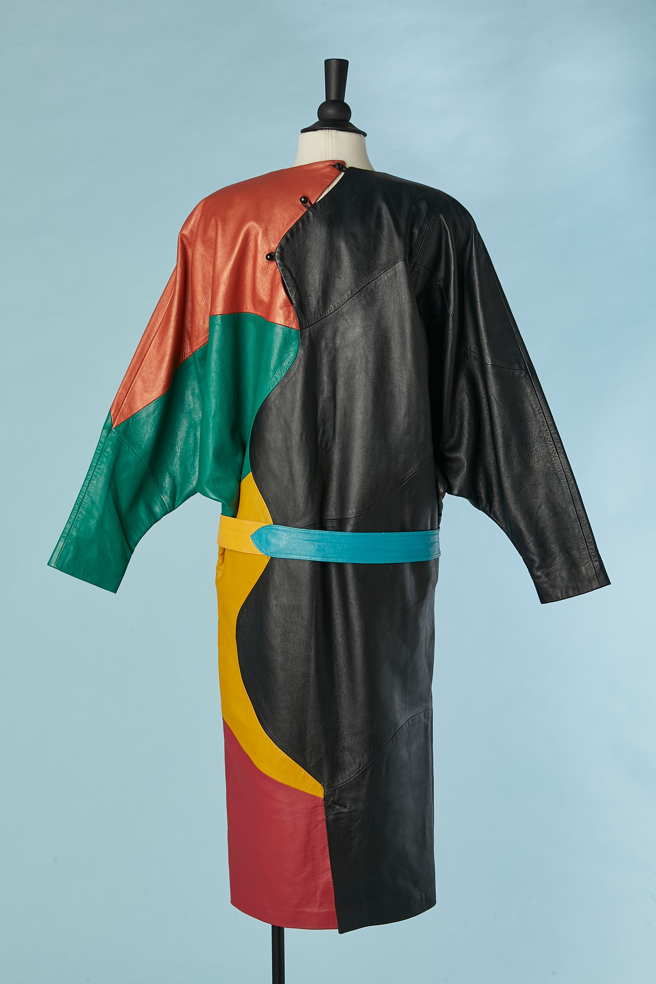 Multicolor patchwork leather dress with belt Lisa Baker Circa 1980's 1