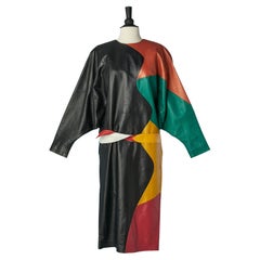 Vestido de cuero patchwork multicolor con cinturón Lisa Baker Circa 1980's