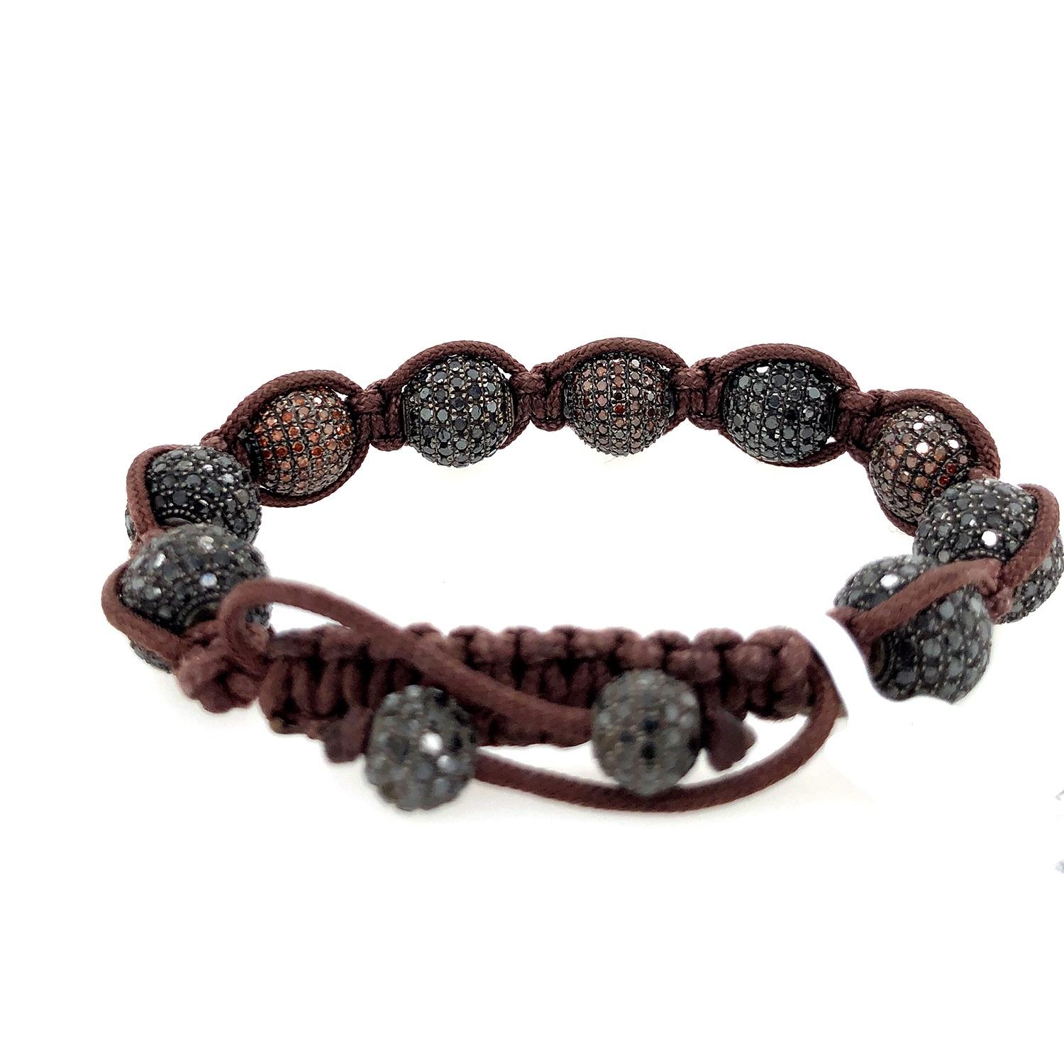 Makramee-Armband mit schwarzen und braunen Pave-Diamanten (Gemischter Schliff) im Angebot