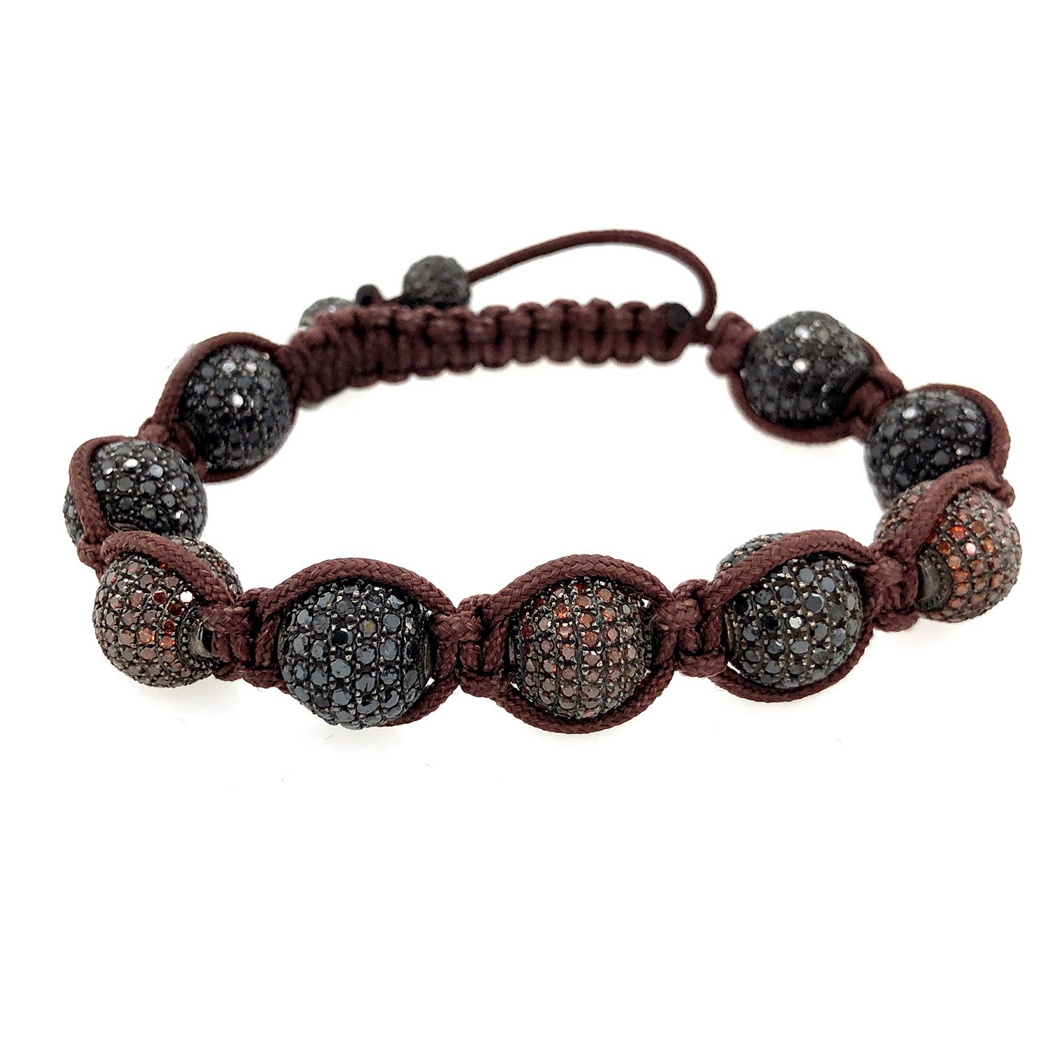 Makramee-Armband mit schwarzen und braunen Pave-Diamanten Damen im Angebot