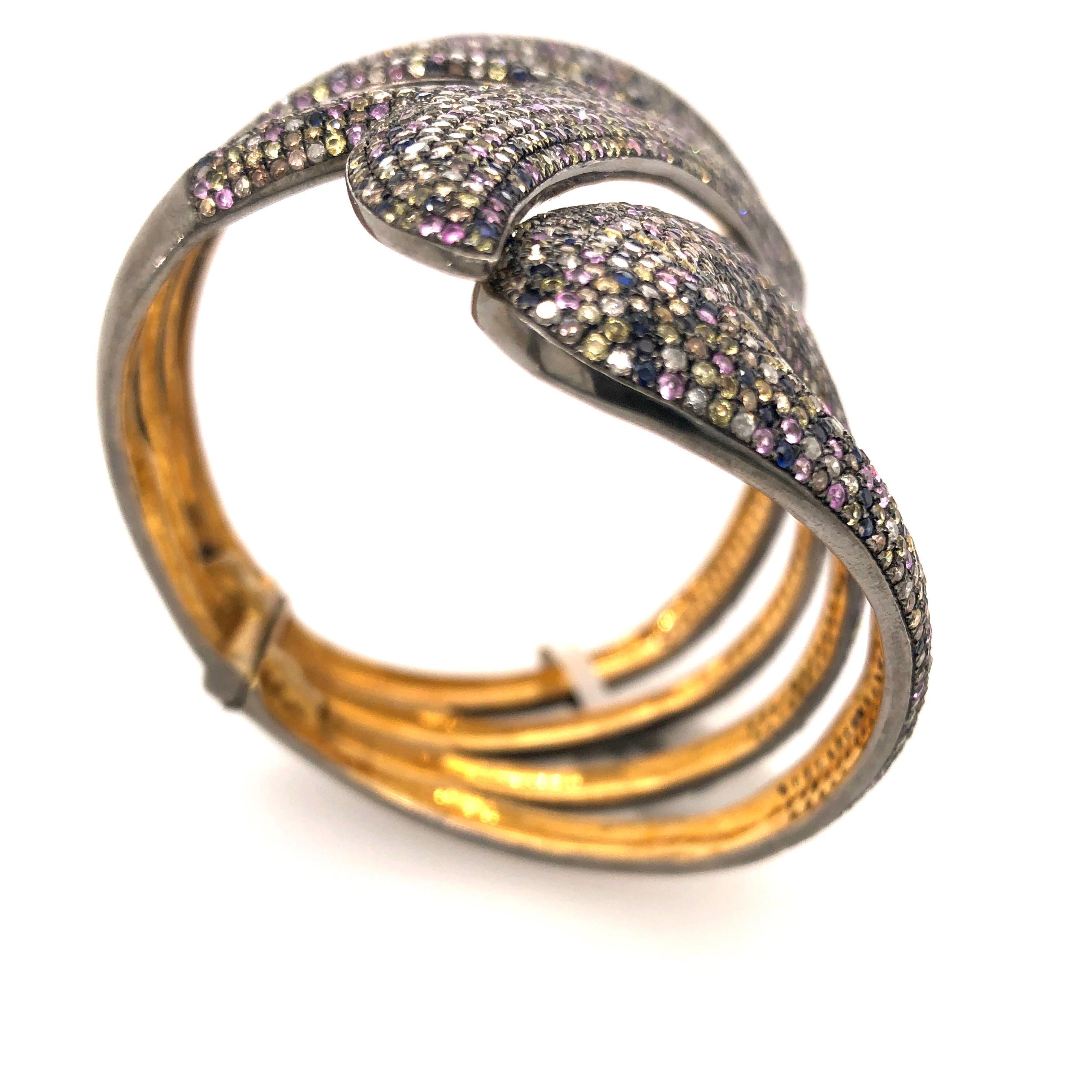 Mixed Cut Multicolor Pave Sapphire & Diamond Gold Cuff Bracelet Made In 18k Gold & Silver For Sale