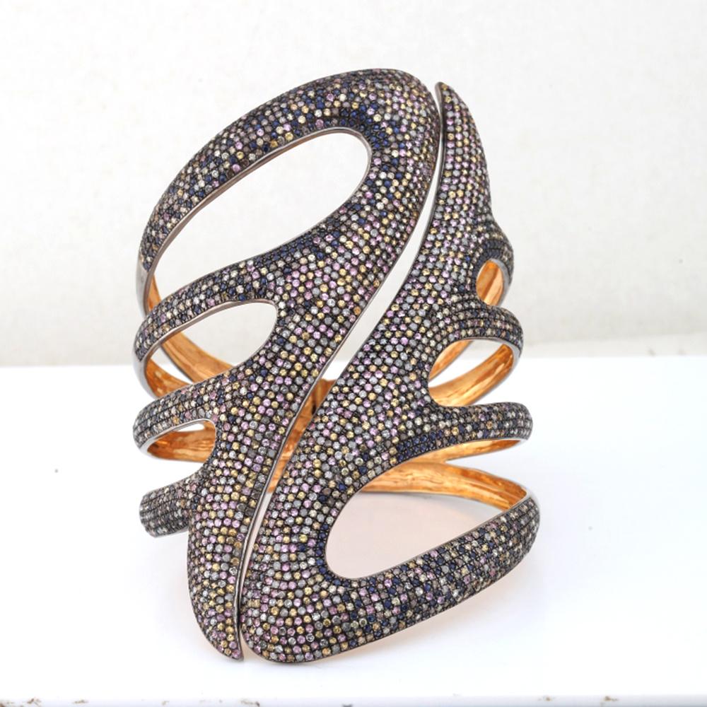 Women's Multicolor Pave Sapphire & Diamond Gold Cuff Bracelet Made In 18k Gold & Silver