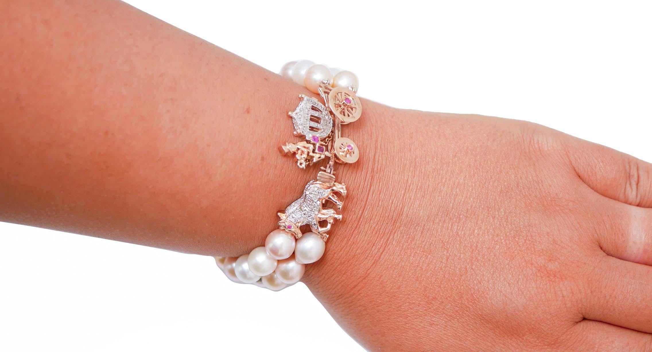 Pulsera Carruaje Multicolor Perlas, Rubíes, Diamantes, Oro Rosa y Plata Corte mixto en venta