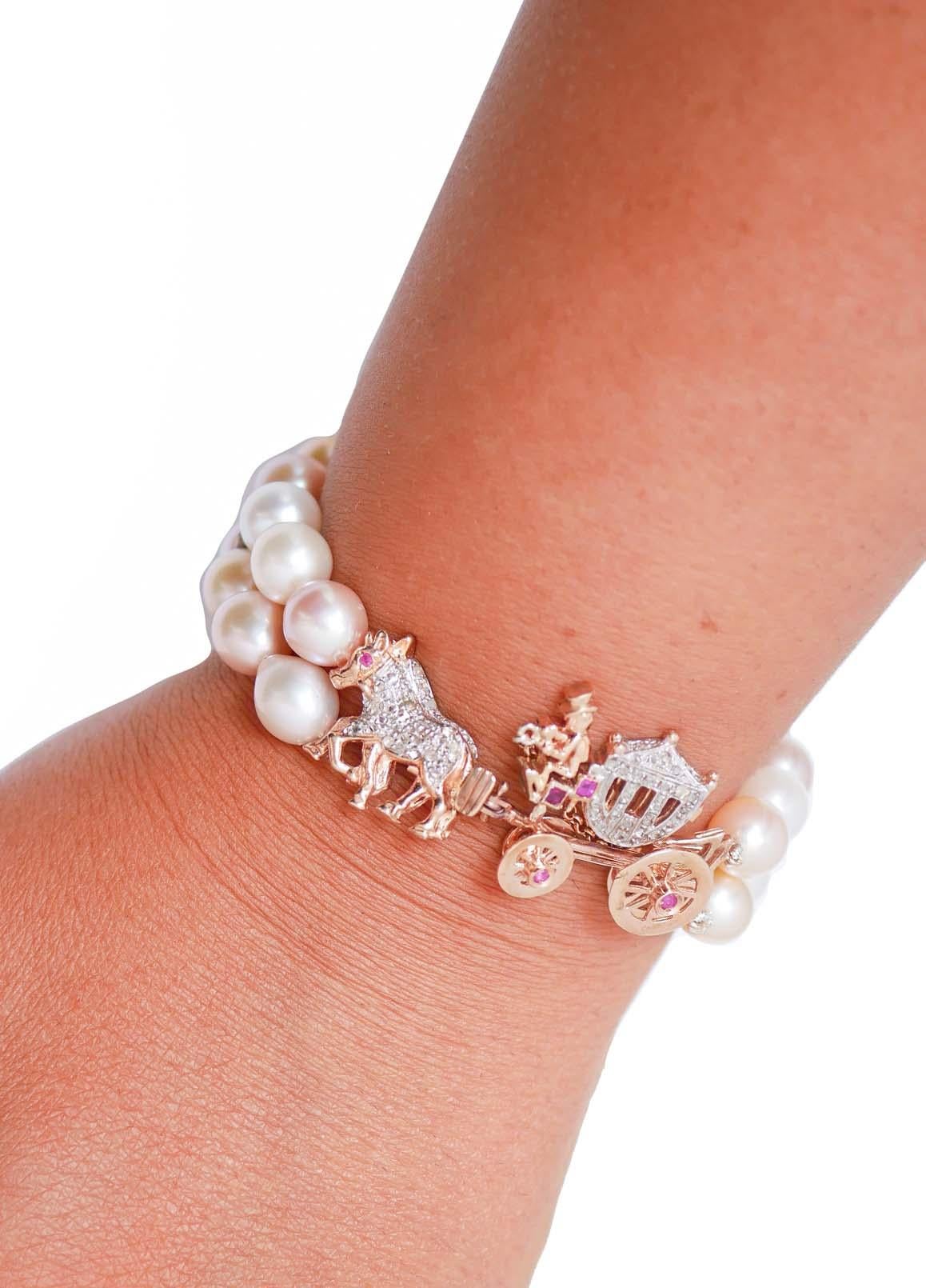 Pulsera Carruaje Multicolor Perlas, Rubíes, Diamantes, Oro Rosa y Plata en Nuevo estado para la venta en Marcianise, Marcianise (CE)