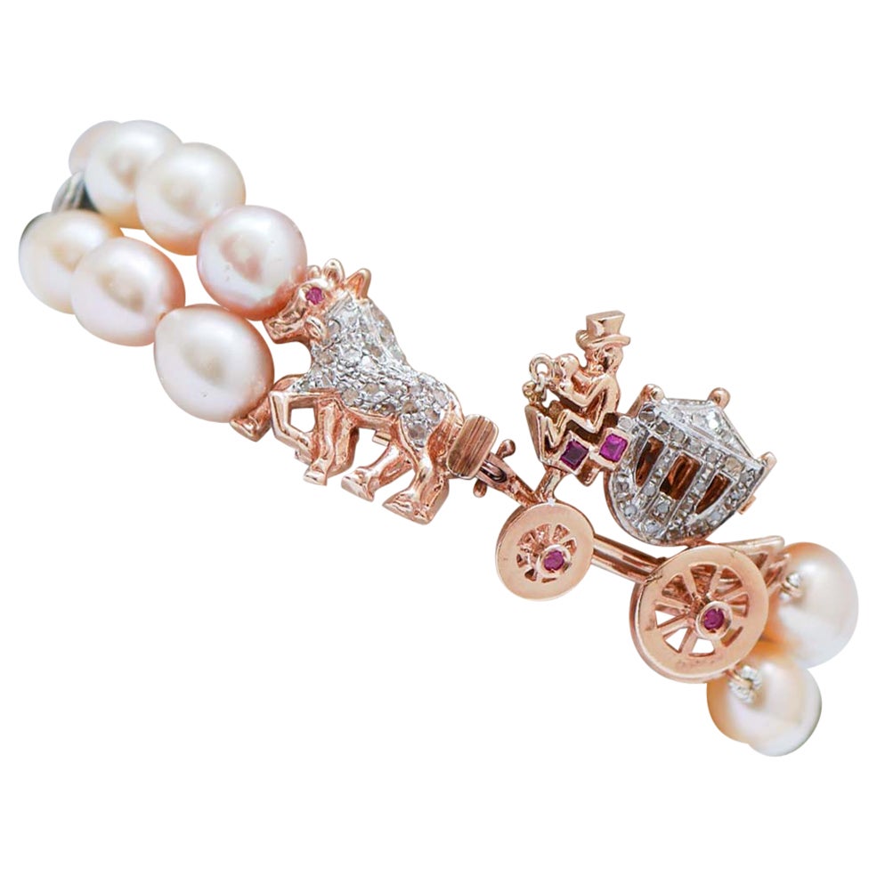 Pulsera Carruaje Multicolor Perlas, Rubíes, Diamantes, Oro Rosa y Plata en venta