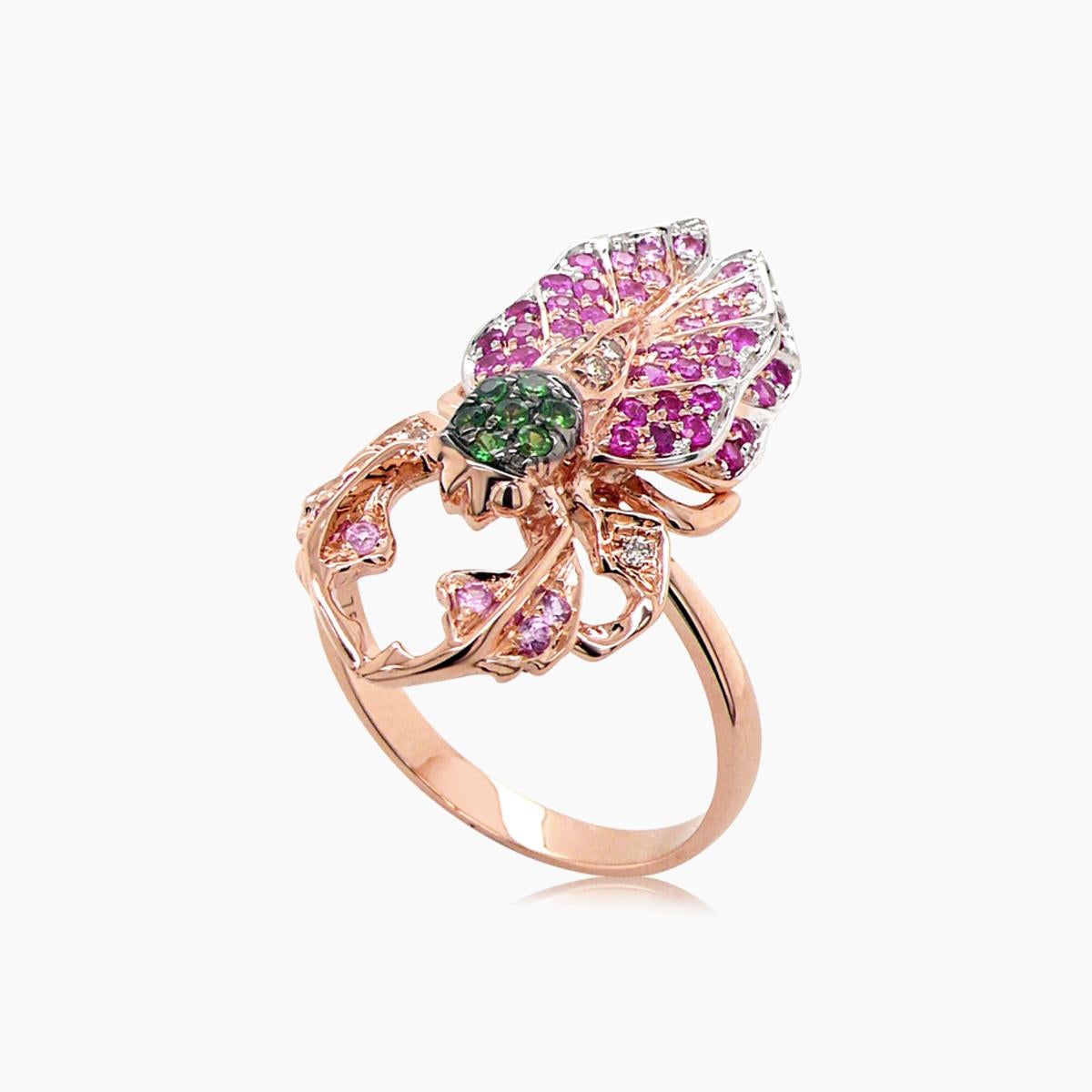 Multicolor Pink Gemstone & Diamond Pave Beetle Bug 18K Rose Gold Animal Ring In New Condition For Sale In Oakton, VA