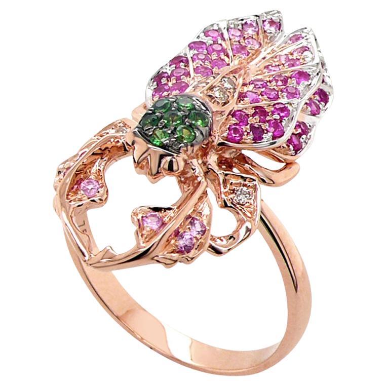 Multicolor Pink Gemstone & Diamond Pave Beetle Bug 18K Rose Gold Animal Ring For Sale