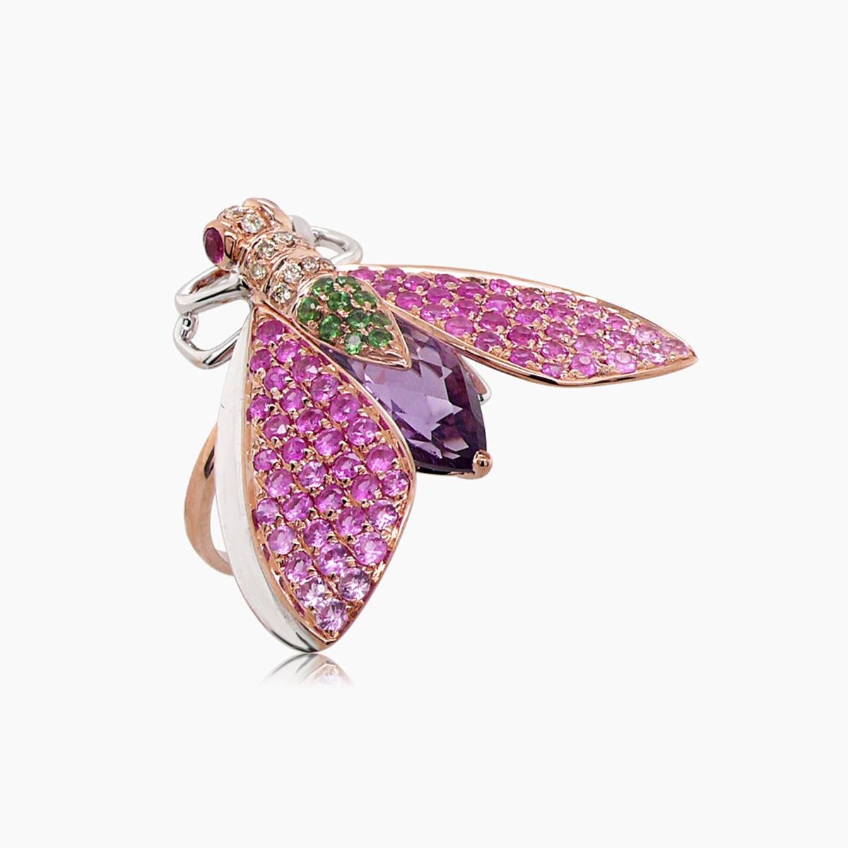 Multicolor Pink Gemstone & Diamond Pave Fly Bug 18K Rose Gold Animal Ring In New Condition For Sale In Oakton, VA
