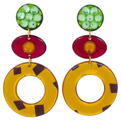 Multicolor Pop Art Lucite Geometric Dangle Clip Earrings