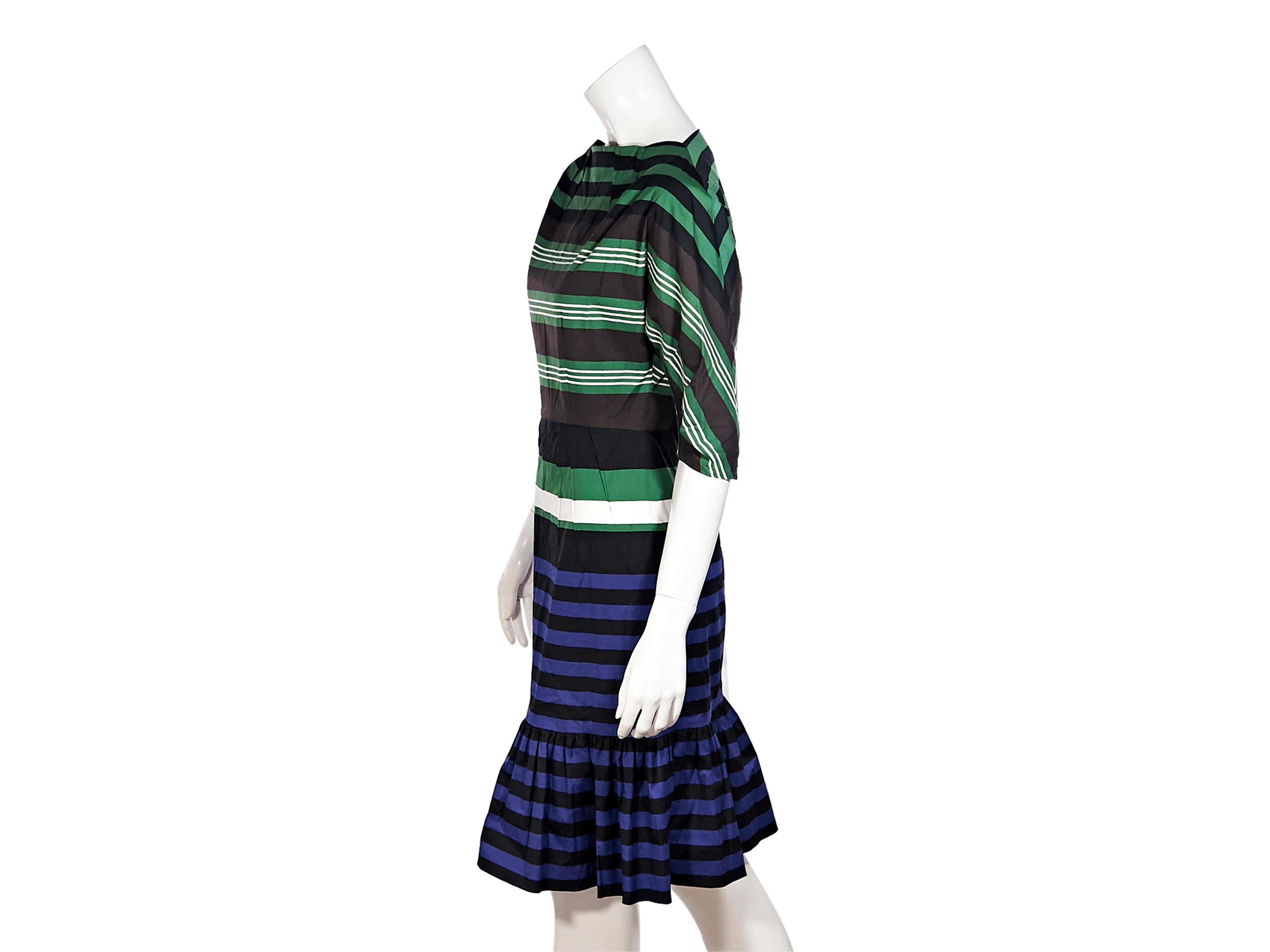 Product details:  Multicolor stretch-cotton sheath dress by Prada.  Boatneck accented with pleats.  Elbow-length dolman sleeves.  Concealed back zip closure.  Ruffled hem.  Label size IT 42.  36