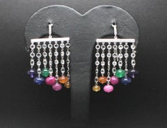 Multi-Color Precious Stones and White Diamonds Dangle Earrings