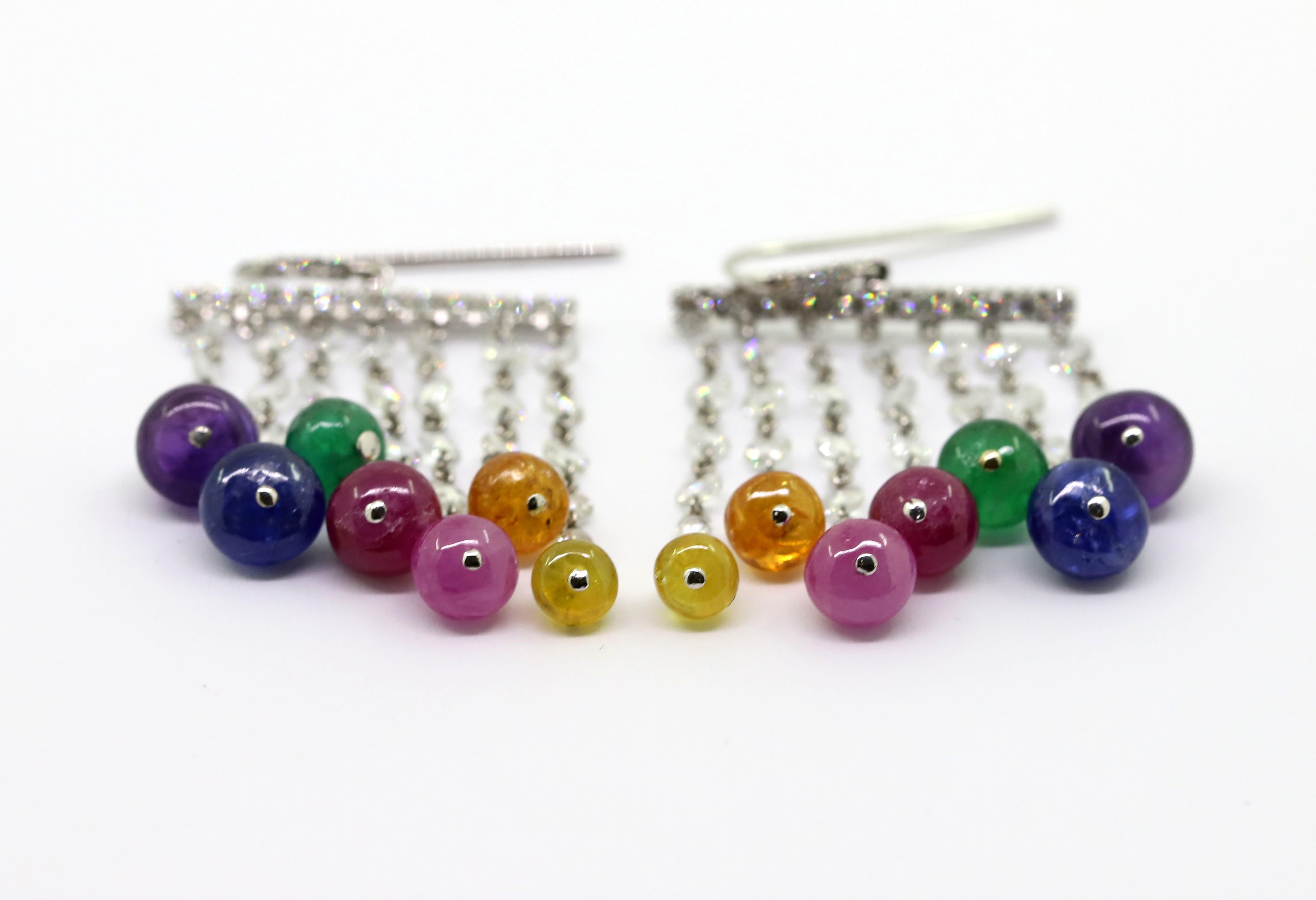 Contemporary Multi-Color Precious Stones and White Diamonds Dangle Earrings For Sale