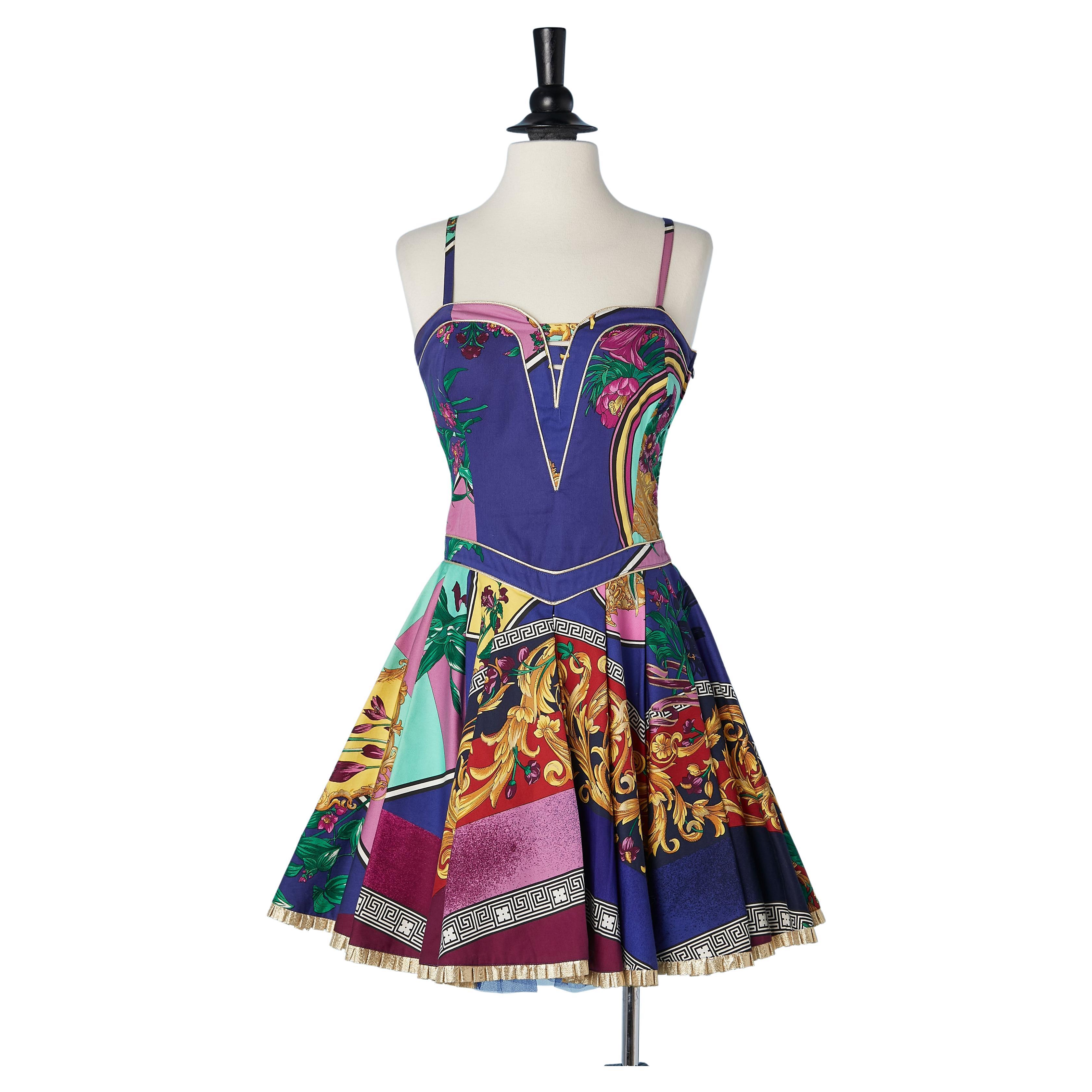 Multicolor printed cocktail bustier dress Versace Jean Couture 