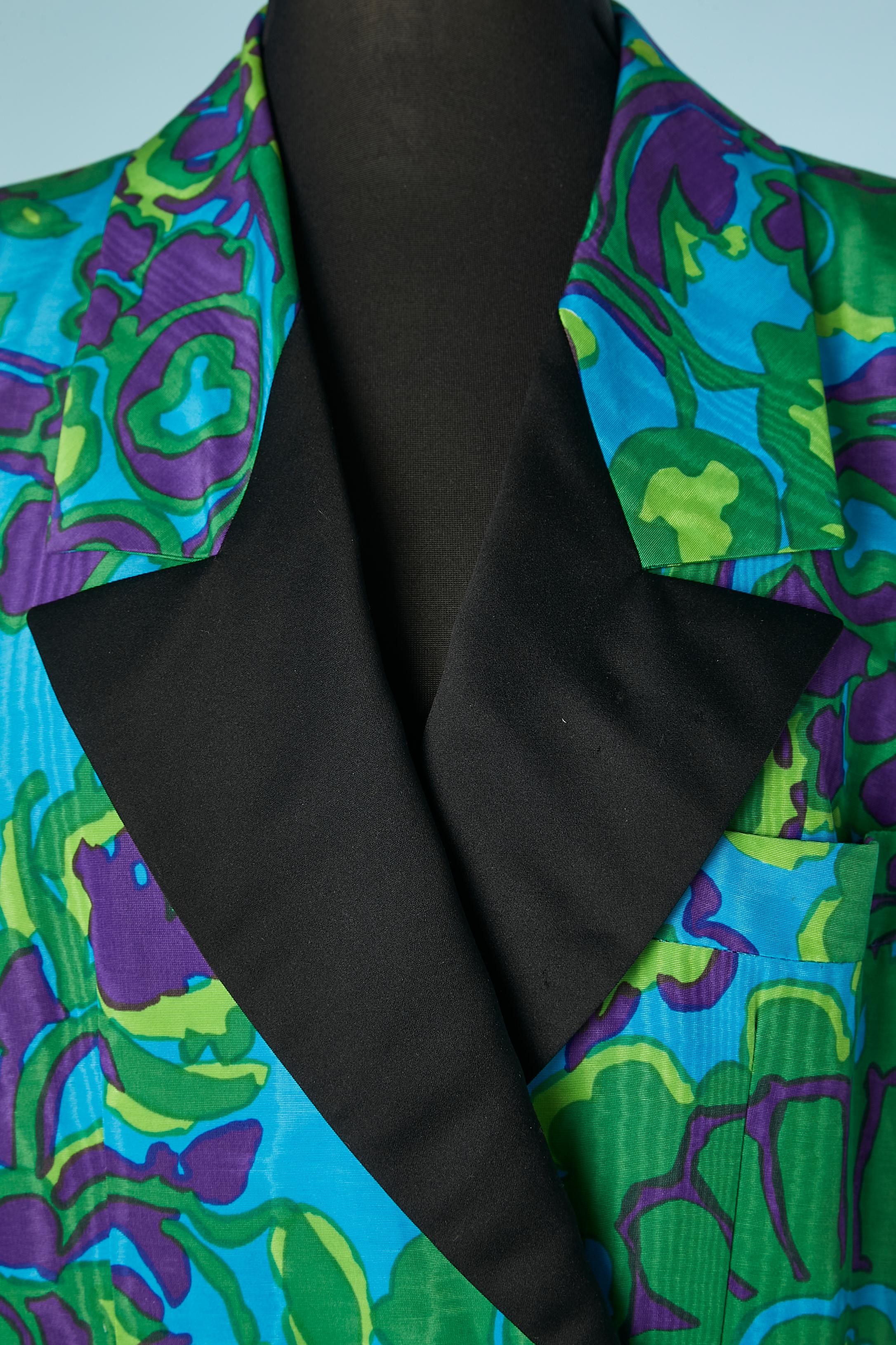 Multicolor printed moiré tuxedo double breasted jacket.Shoulder pads.  Fabric composition: 44% rayon, 66% cotton. 100% Silk lining. FW 1990 
SIZE TAG IS 36 but more likely 38 (M) 