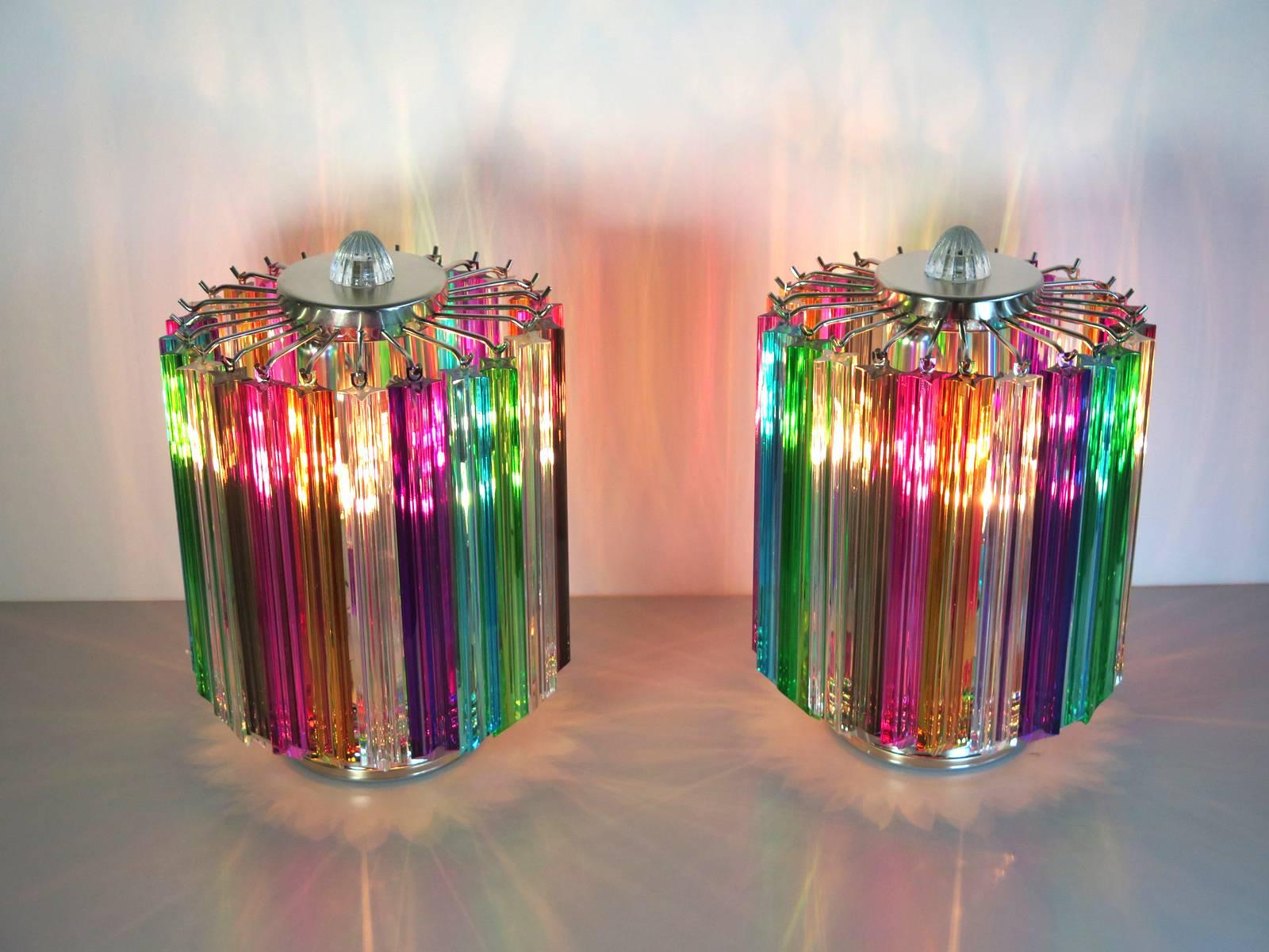 Magnificent pair of table lamps, 24 quadriedri Murano crystal multicolored prism for each lamp. Nickel metal frame. Elegant object of furniture.
Period: late 20th century
Dimensions: 15 inches (38 cm) height; 10.50 inches (27 cm)