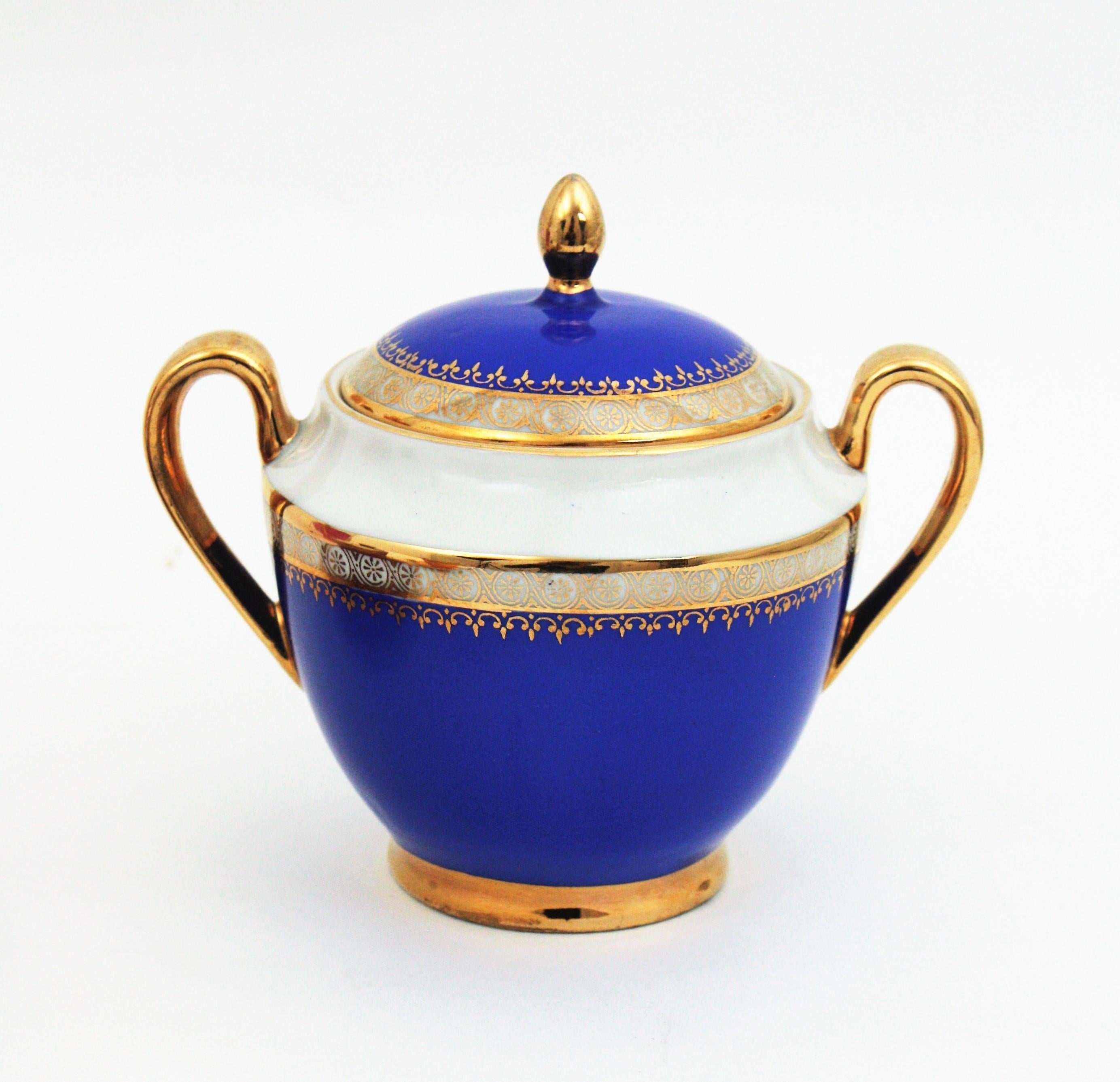 Multicolor Rainbow Coffee or Tea Porcelain Set with Gold Rims, Spain. 1950s 2
