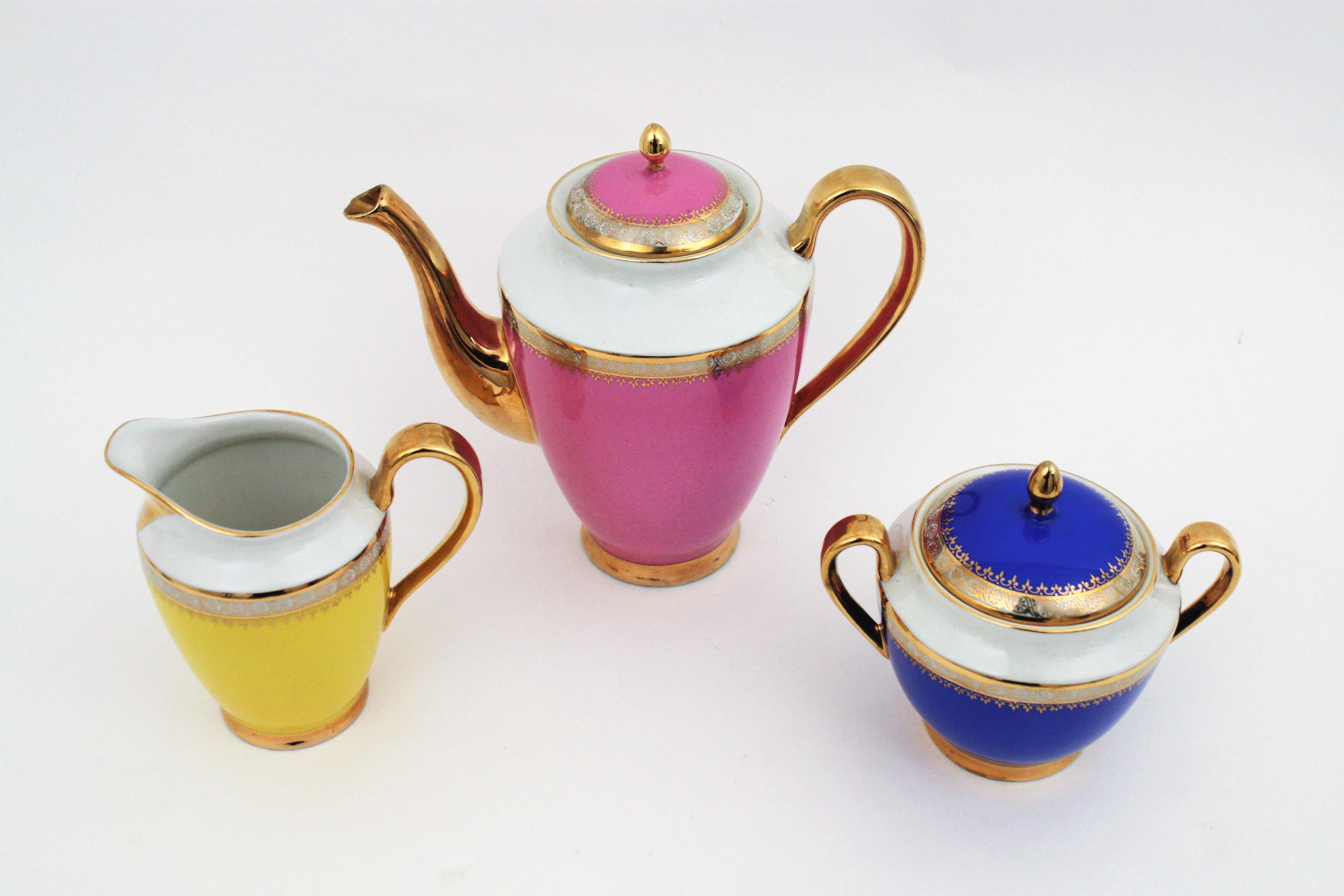 Multicolor Rainbow Coffee or Tea Porcelain Set with Gold Rims, Spain. 1950s 3