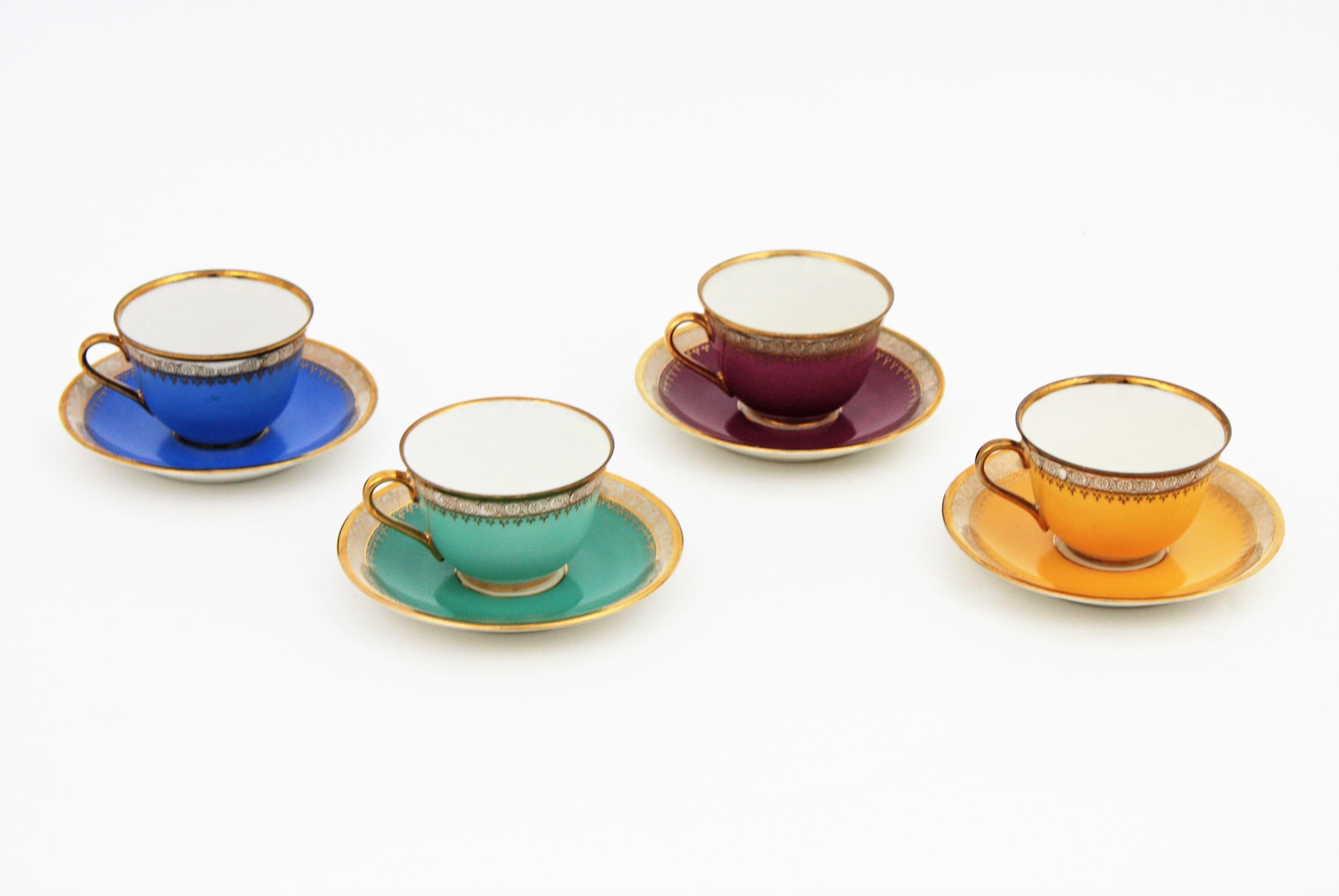 Multicolor Rainbow Coffee or Tea Porcelain Set with Gold Rims, Spain. 1950s 4