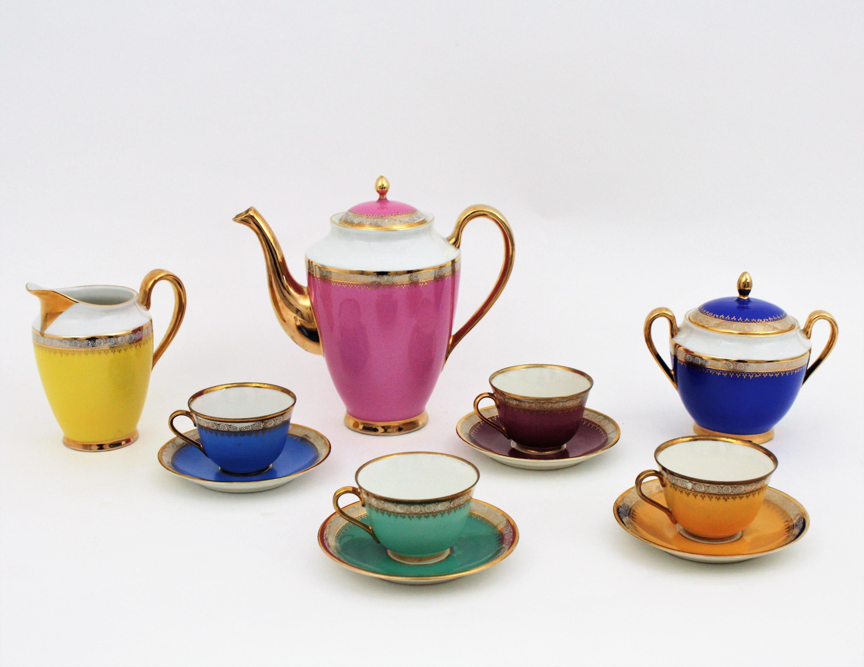 Multicolor Rainbow Coffee or Tea Porcelain Set with Gold Rims, Spain. 1950s 5