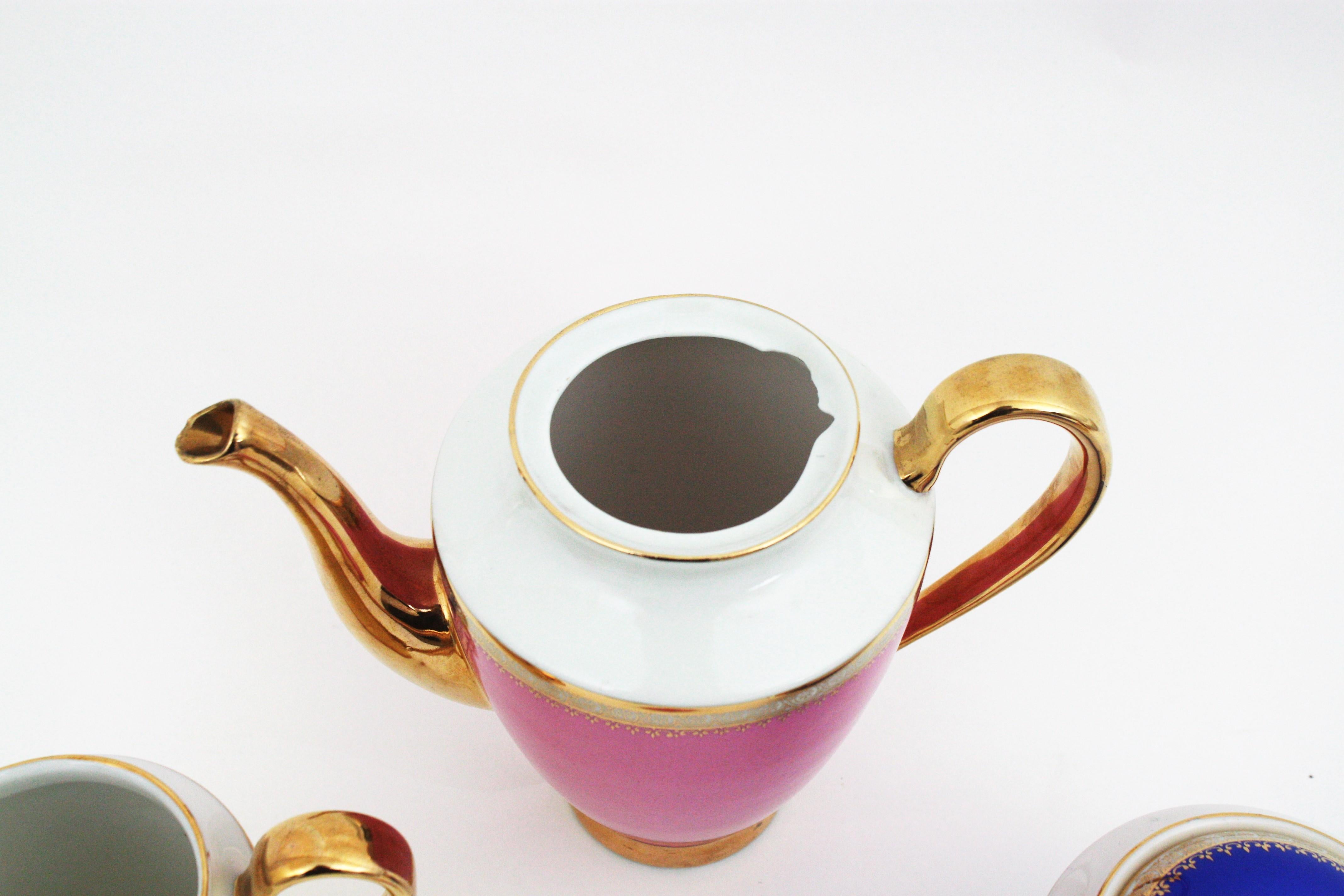 Multicolor Rainbow Coffee or Tea Porcelain Set with Gold Rims, Spain. 1950s 6