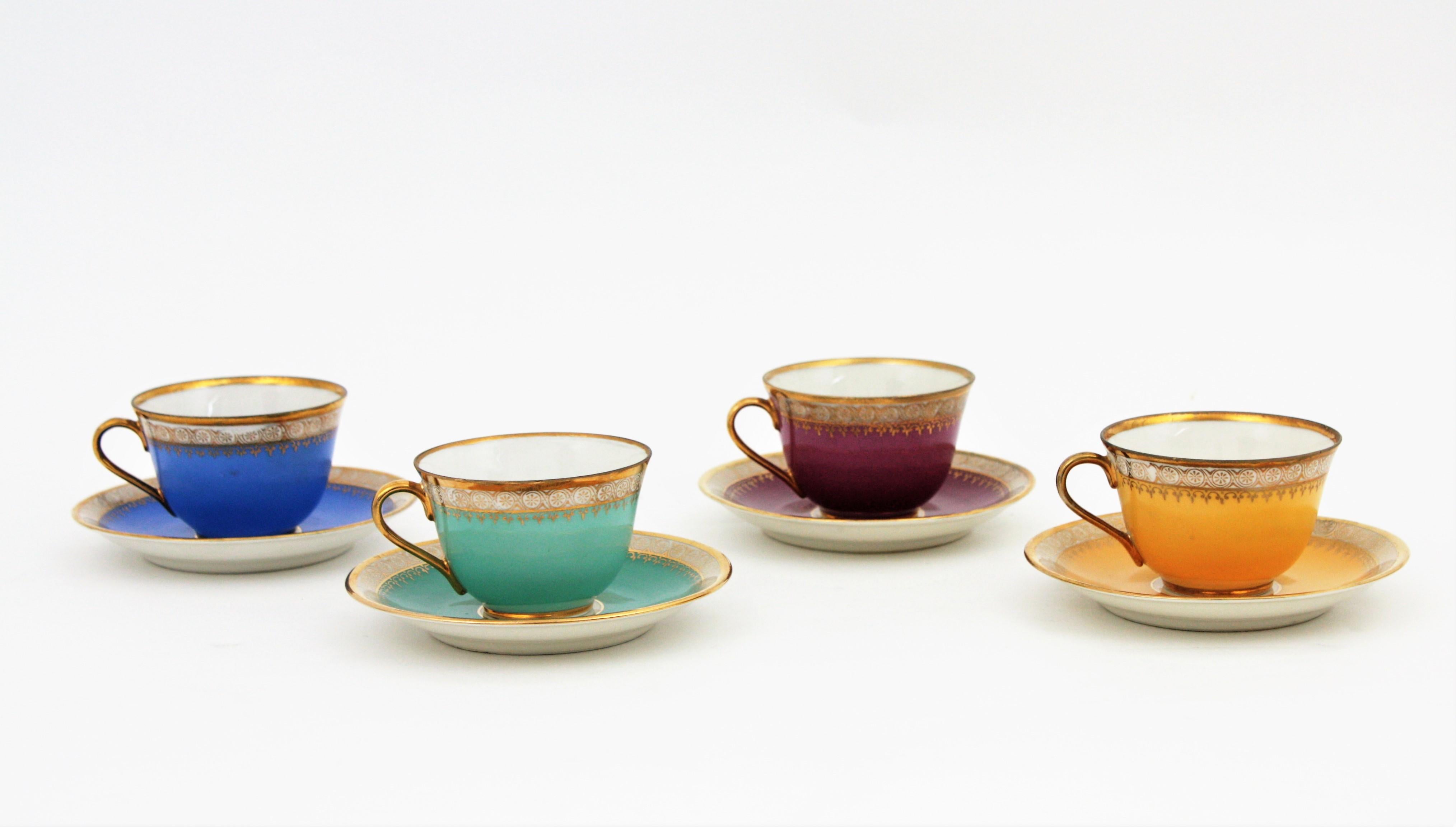 An elegant and colorful porcelain gold rimmed demitasse coffee or tea service for four, Spain, 1950s
Eye-catching multicolor glazed porcelain coffee set. All pieces have the same type of decoration with plain backgrounds in different colors