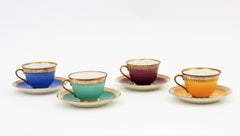 Multicolor Rainbow Coffee or Tea Porcelain Set with Gold Rims, Spain. 1950s