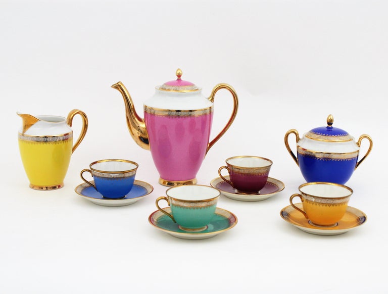 Multicolor Rainbow Coffee or Tea Porcelain Set with Gold Rims, Spain ...