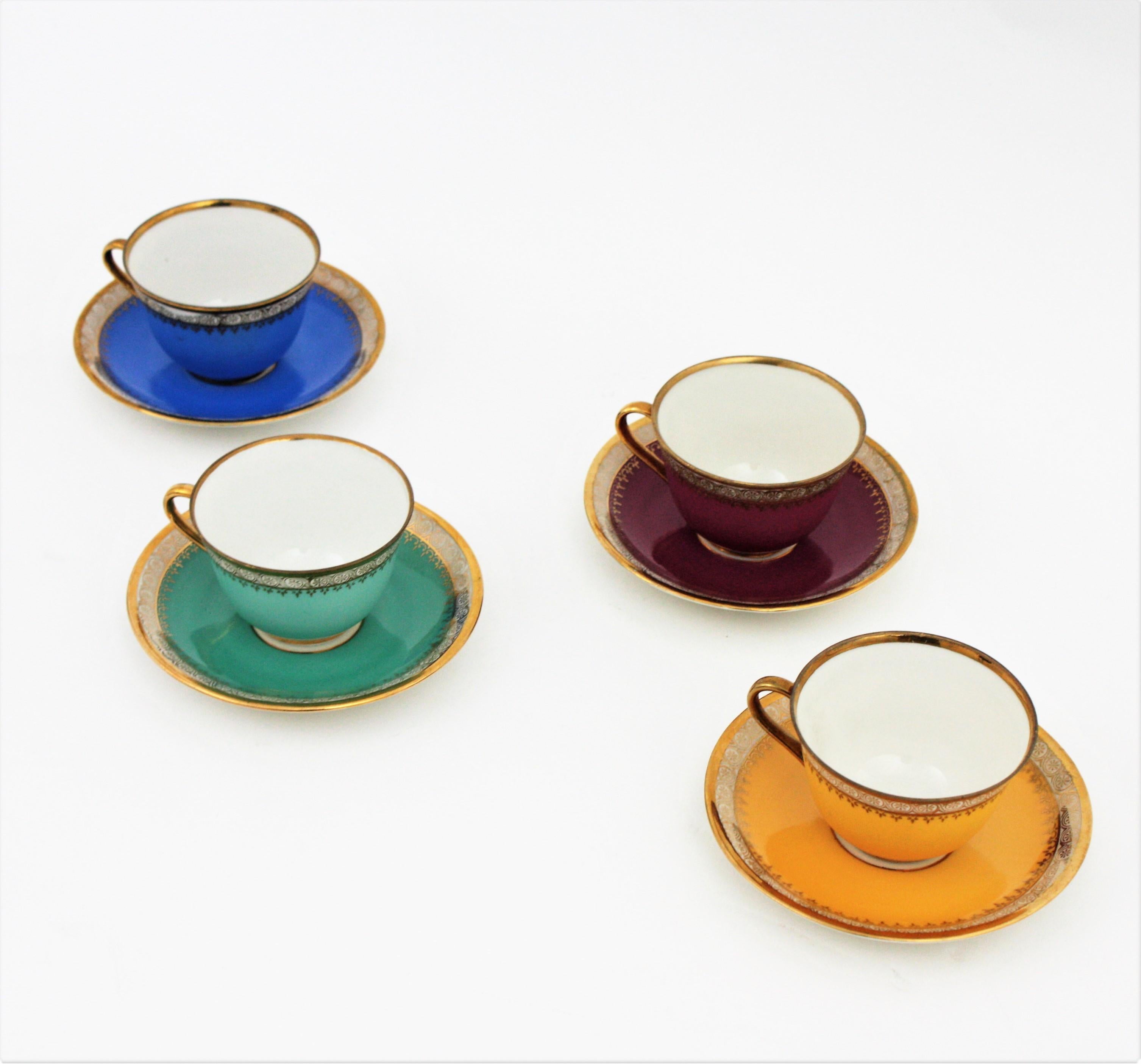 Spanish Multicolor Rainbow Coffee or Tea Porcelain Set with Gold Rims, Spain. 1950s