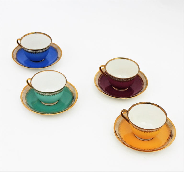 Multicolor Rainbow Coffee or Tea Porcelain Set with Gold Rims, Spain ...