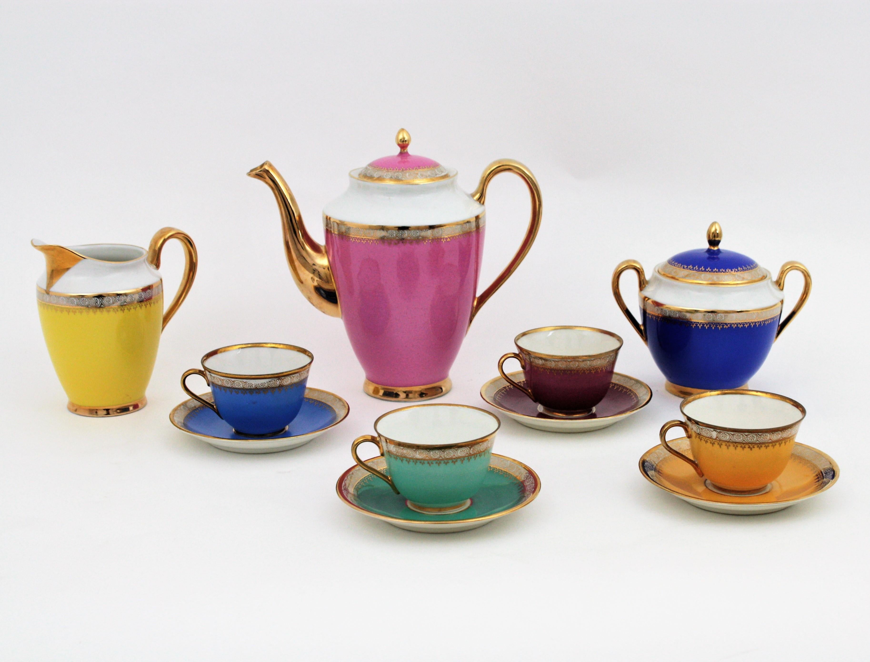 Glazed Multicolor Rainbow Coffee or Tea Porcelain Set with Gold Rims, Spain. 1950s