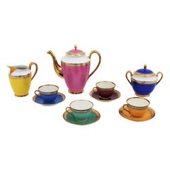 Multicolor Rainbow Coffee or Tea Porcelain Set with Gold Rims, Spain. 1950s