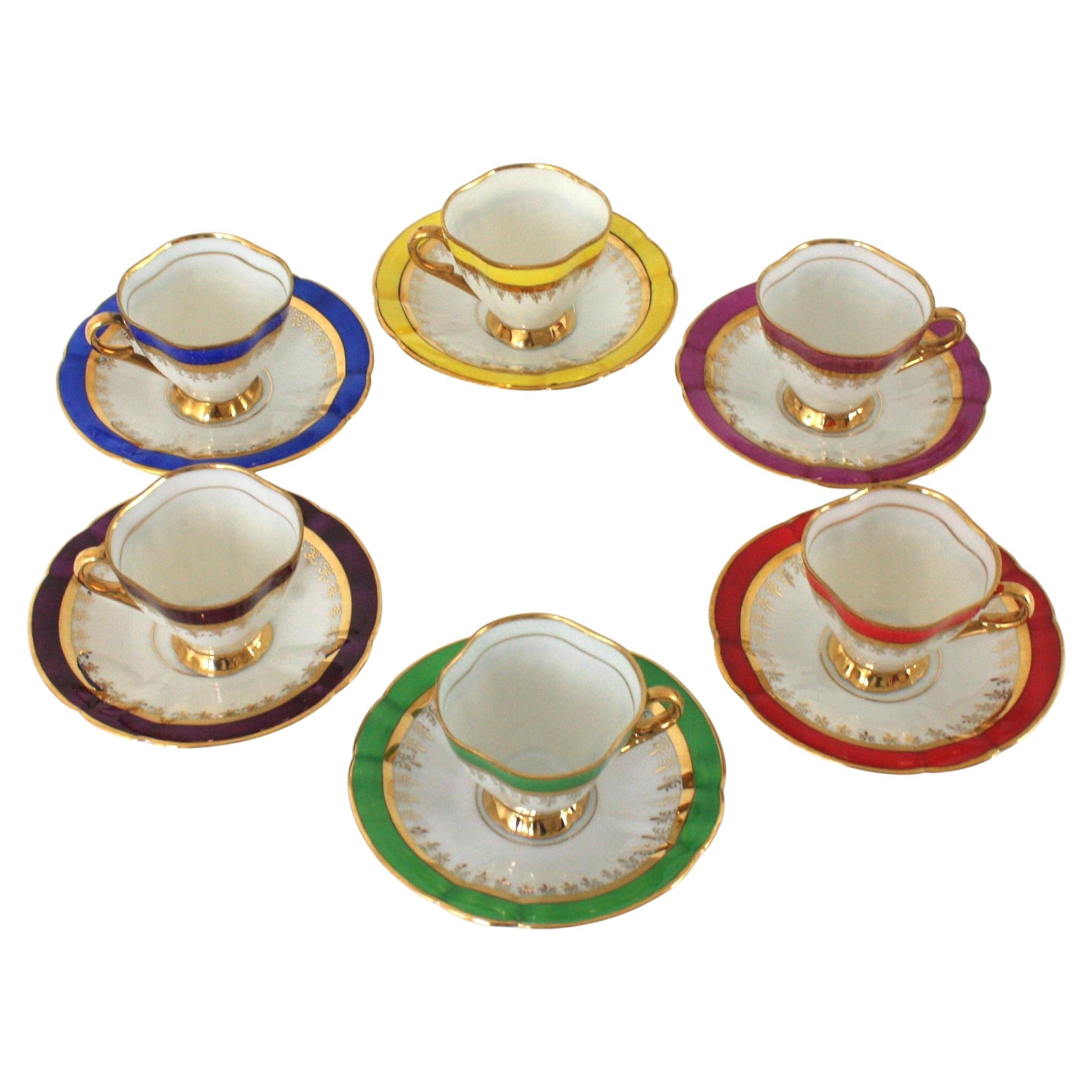 Juego de café de porcelana multicolor arco iris con bordes dorados, España Años 50