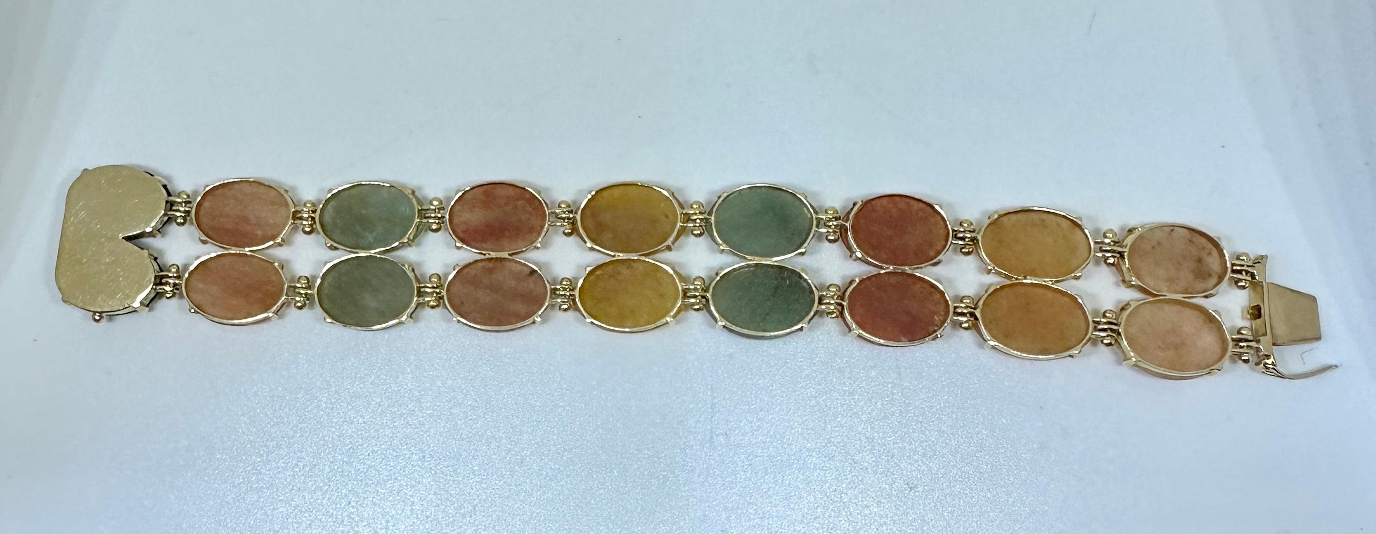 Multicolor Rainbow Jade Double Link Bracelet 14 Karat Yellow Gold Antique Retro For Sale 9